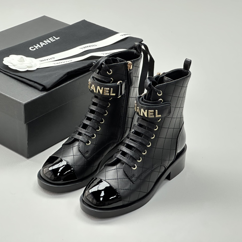 NIGO Chanel Women's Black Round Toe Lace Up Sheepskin Side Zipper Martin Boots Shoes #nigo72547