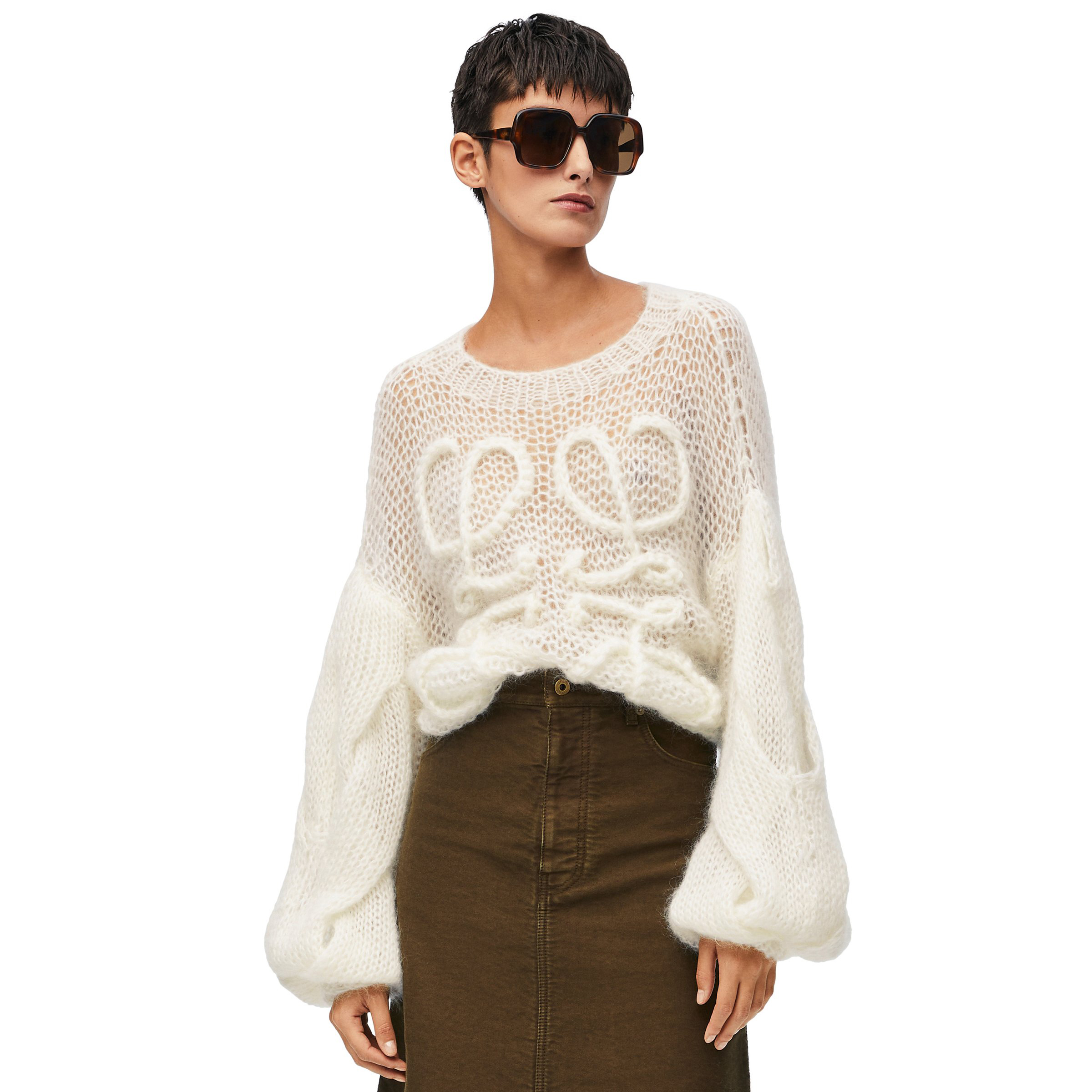 NIGO Loewe Women's Spring and Autumn White Round Neck Sheer Knit Printed Loose Long Sleeve Sweater #nigo72546