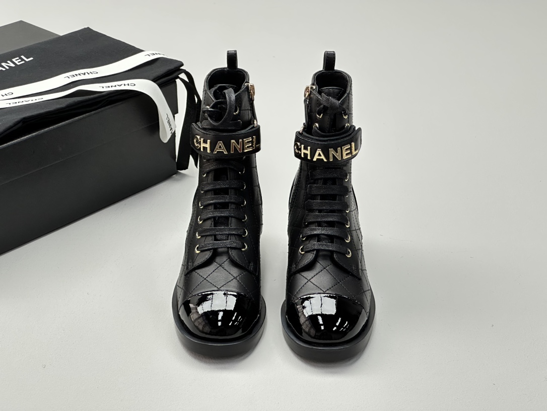 NIGO Chanel Women's Black Round Toe Lace Up Sheepskin Side Zipper Martin Boots Shoes #nigo72547
