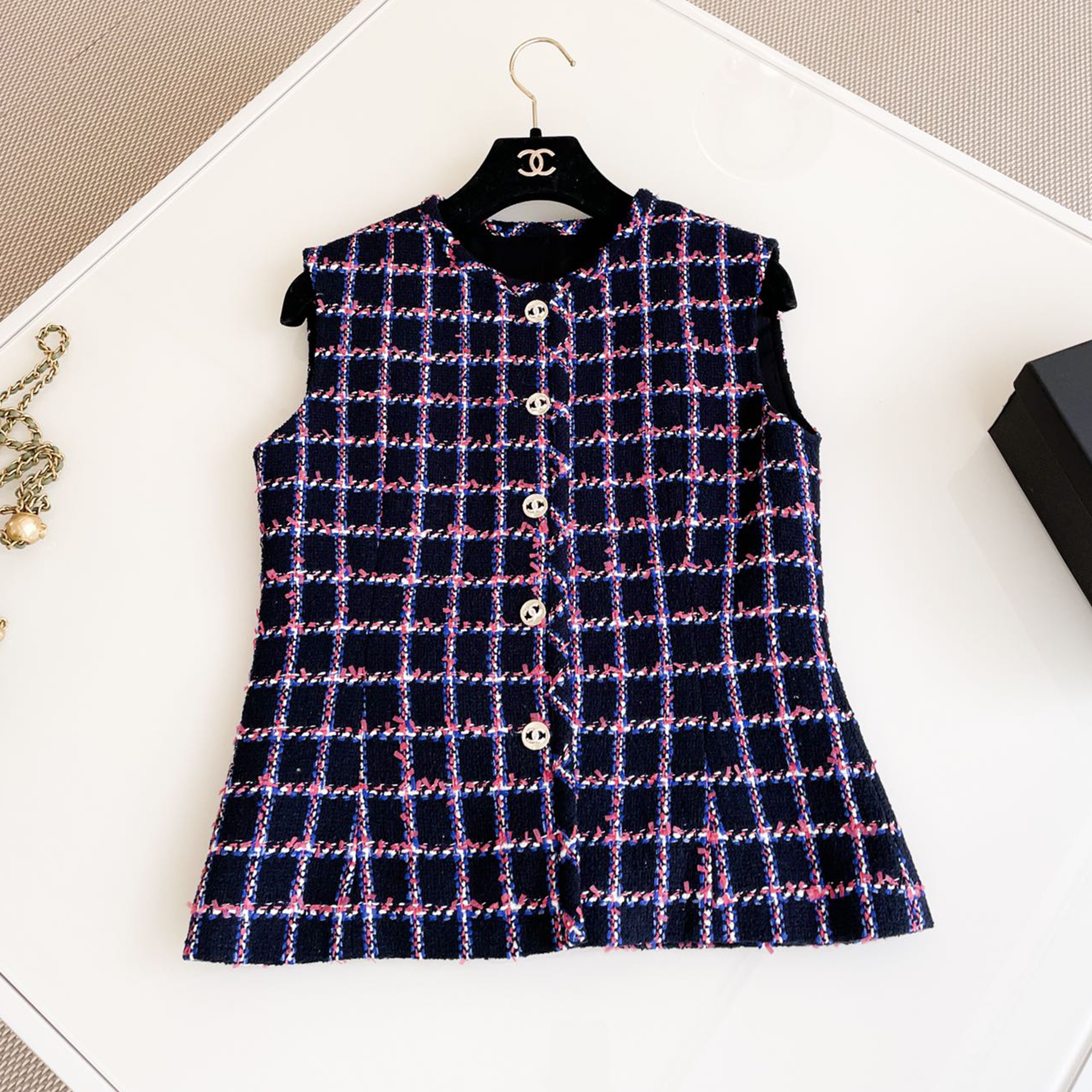 NIGO Chanel Women's Spring and Autumn Tweed Plaid Colorblocking Silhouette Jacket Button Waist Vest Set Suit Ngvp #nigo8891