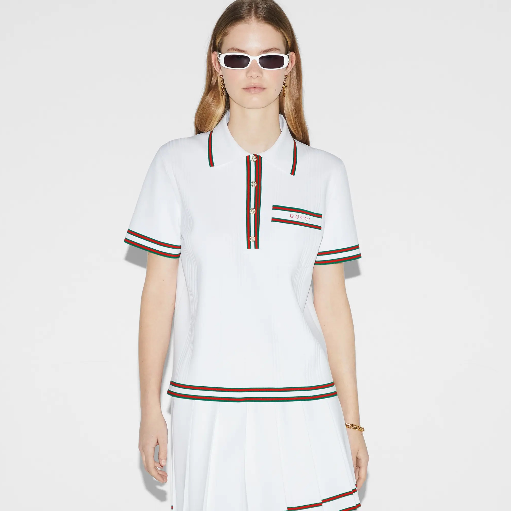 NIGO Gucci Women's Summer Logo Letter Embroidery Stripe Short Sleeve Polo Shirt T-Shirt Pleated Short Skirt Set Suit #nigo72557