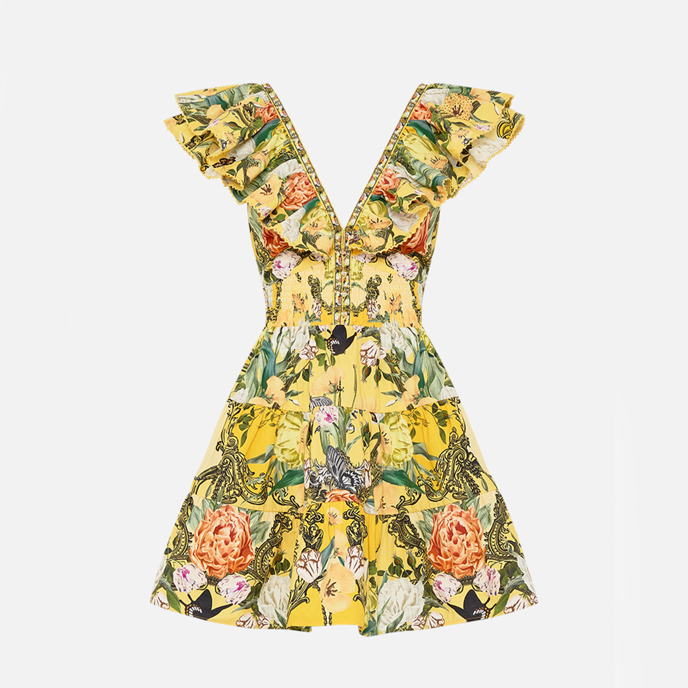 NIGO Camilla Women's Summer Printed V-neck Rhinestone Embellished Cotton Ruffle Waisted Mini Dresses Ngvp #nigo8918