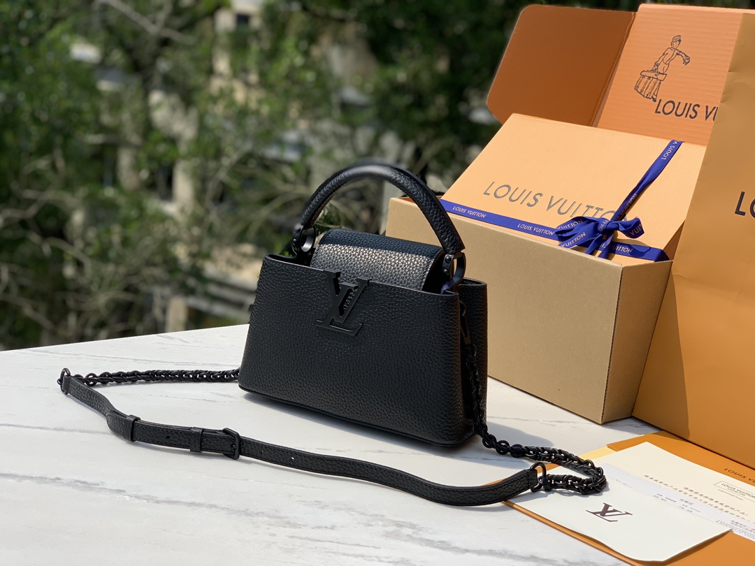 NIGO Louis Vuitton CAPUCINES EAST WEST Women's Black Detachable Adjustable Shoulder Strap Matte Cowhide Leather Shoulder Crossbody Handbag Bag Bags #nigo72586