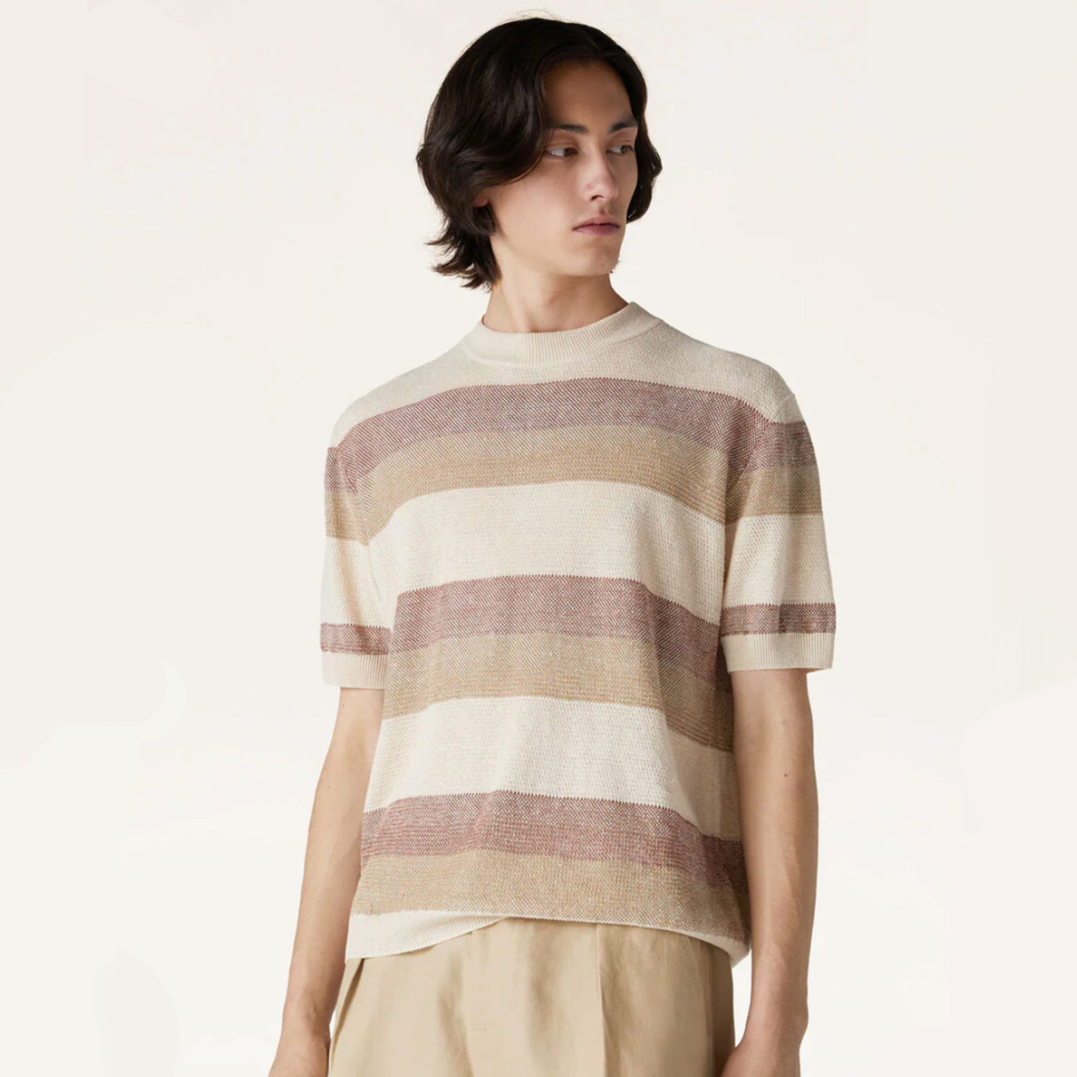 NIGO Loro Piana Men's Four Seasons Fashion Linen Knit Round Neck Top Short Sleeve T-Shirt Color Blocking Stripe T-Shirt Ngvp #nigo8931
