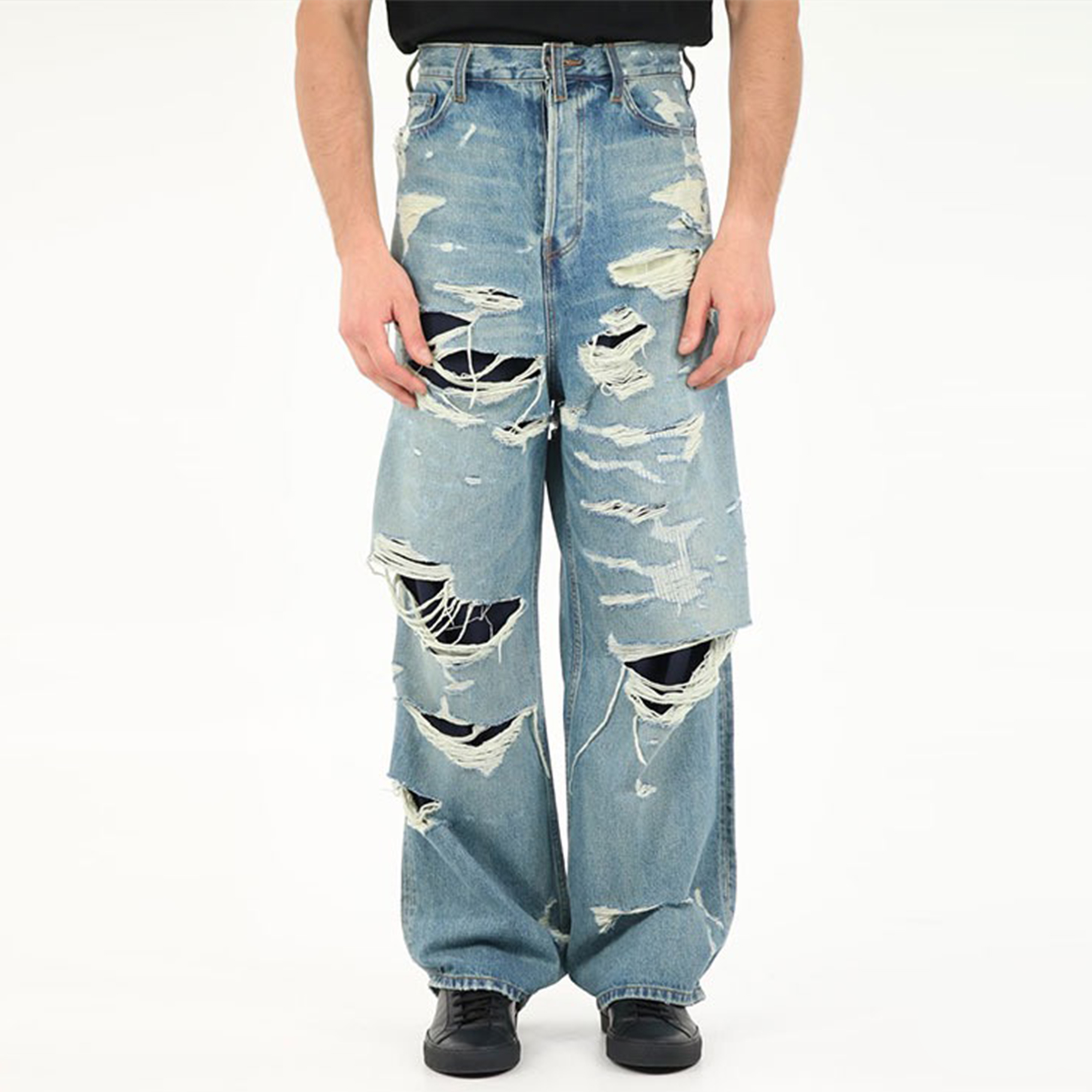 NIGO Balenciaga Men's Women's Four Seasons Fashion Destroyed Denim Trousers Blue Double Layer Casual Fit Straight Jeans Pants Ngvp #nigo8933