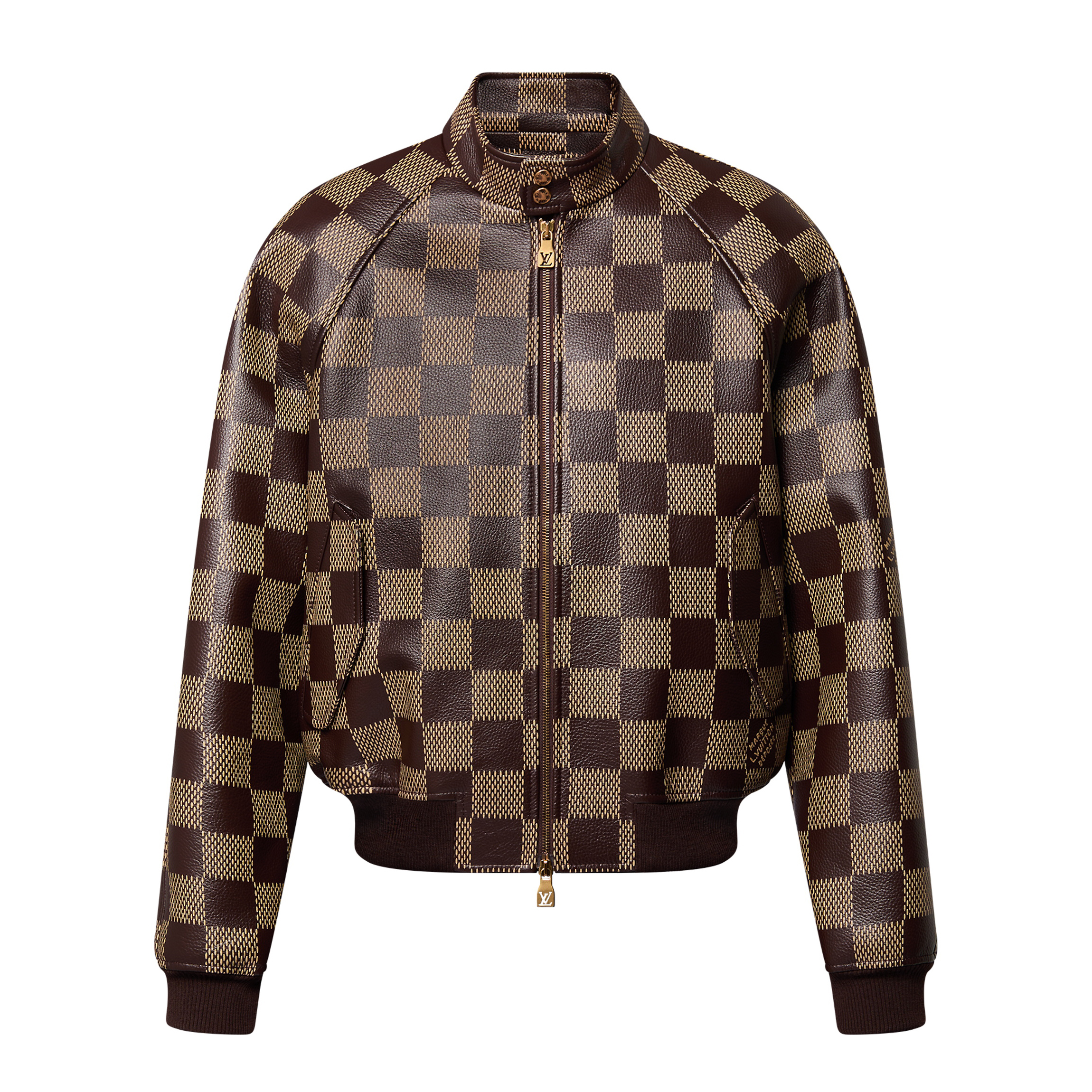NIGO Louis Vuitton Men's Fall And Winter Brown Checkerboard Pattern Collar Zipper Cowhide Long Sleeved Jacket #nigo72611