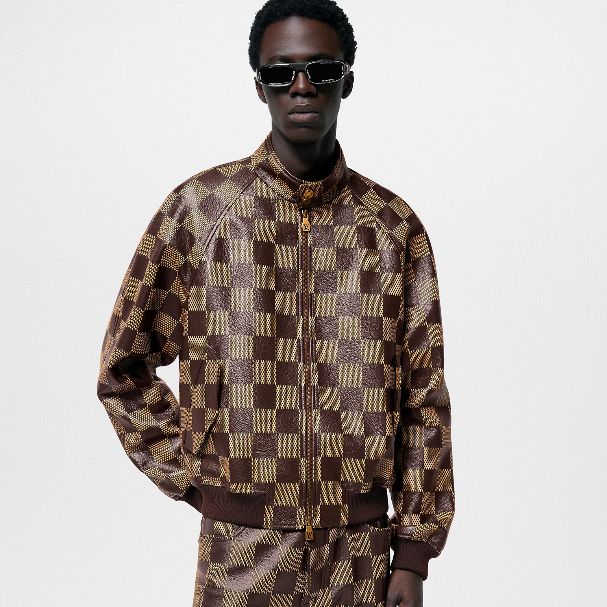 NIGO Louis Vuitton Men's Fall And Winter Brown Checkerboard Pattern Collar Zipper Cowhide Long Sleeved Jacket #nigo72611