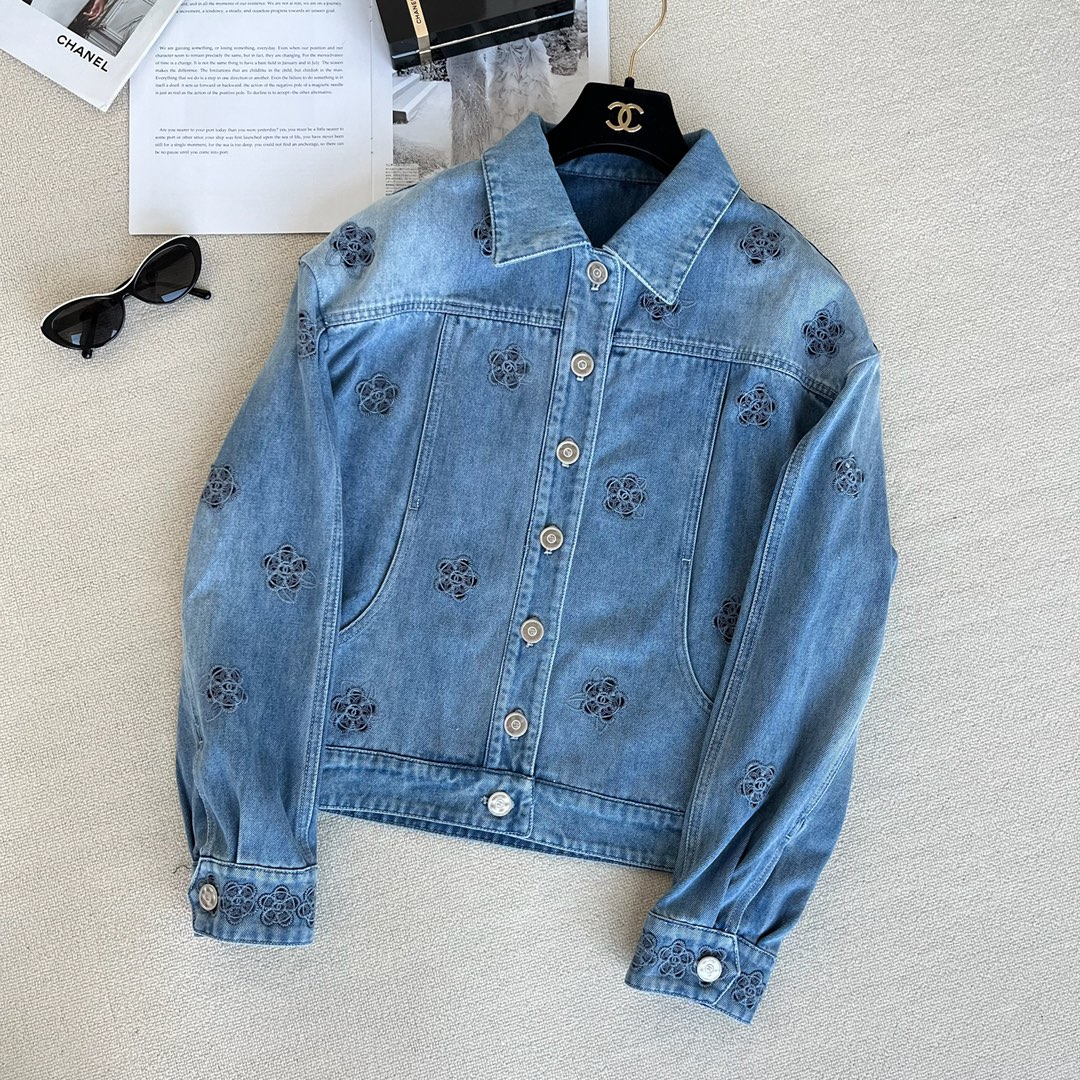 NIGO Chanel Women's Spring And Fall Blue Hollow Camellia Embroidery Printing Single breasted Long sleeved Denim Jacket Denim Shorts Suit Set #nigo72615