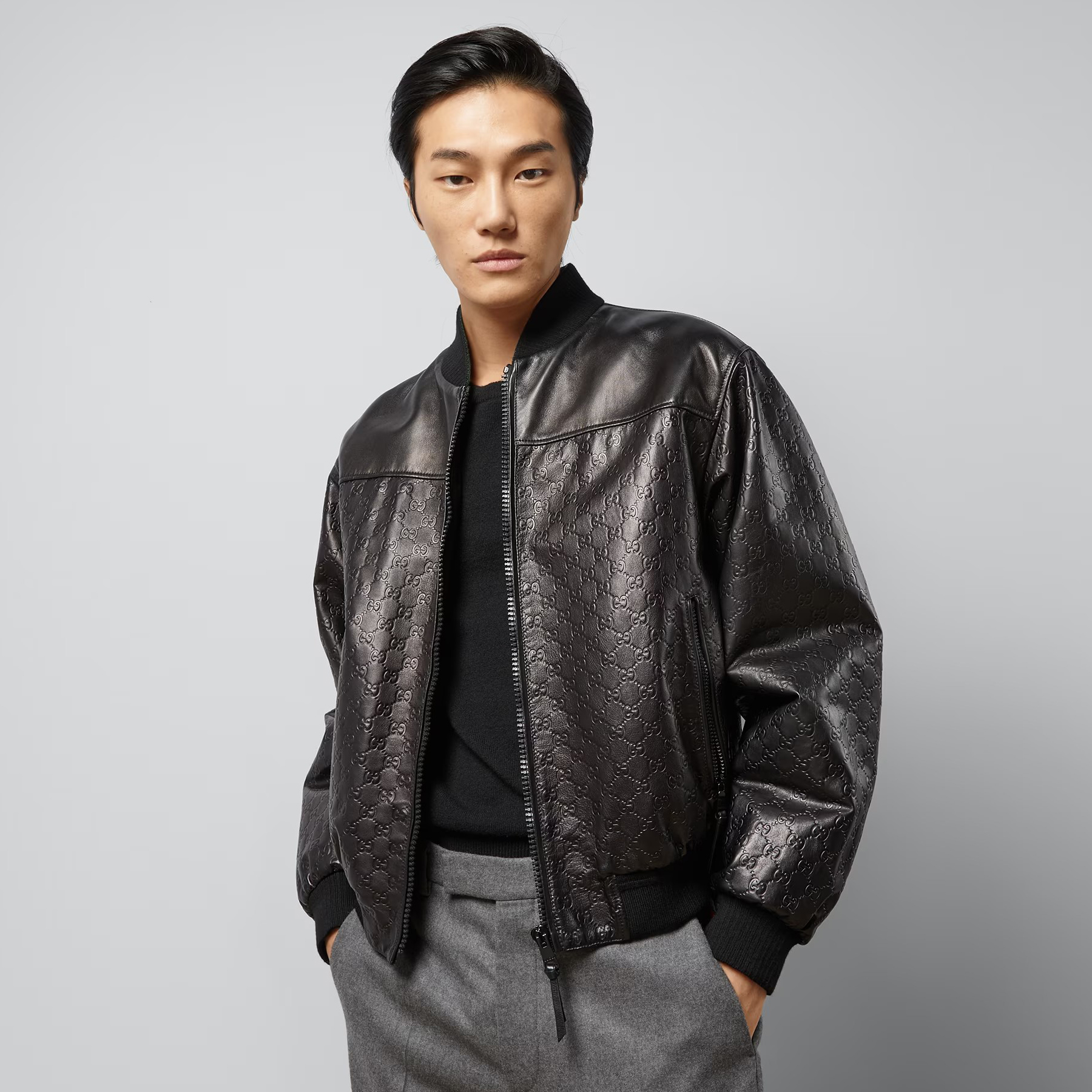 NIGO Gucci Men's Spring And Autumn Black Embossed Logo Printed Zipper Leather Baseball Jersey Long Sleeve Jacket #nigo72616