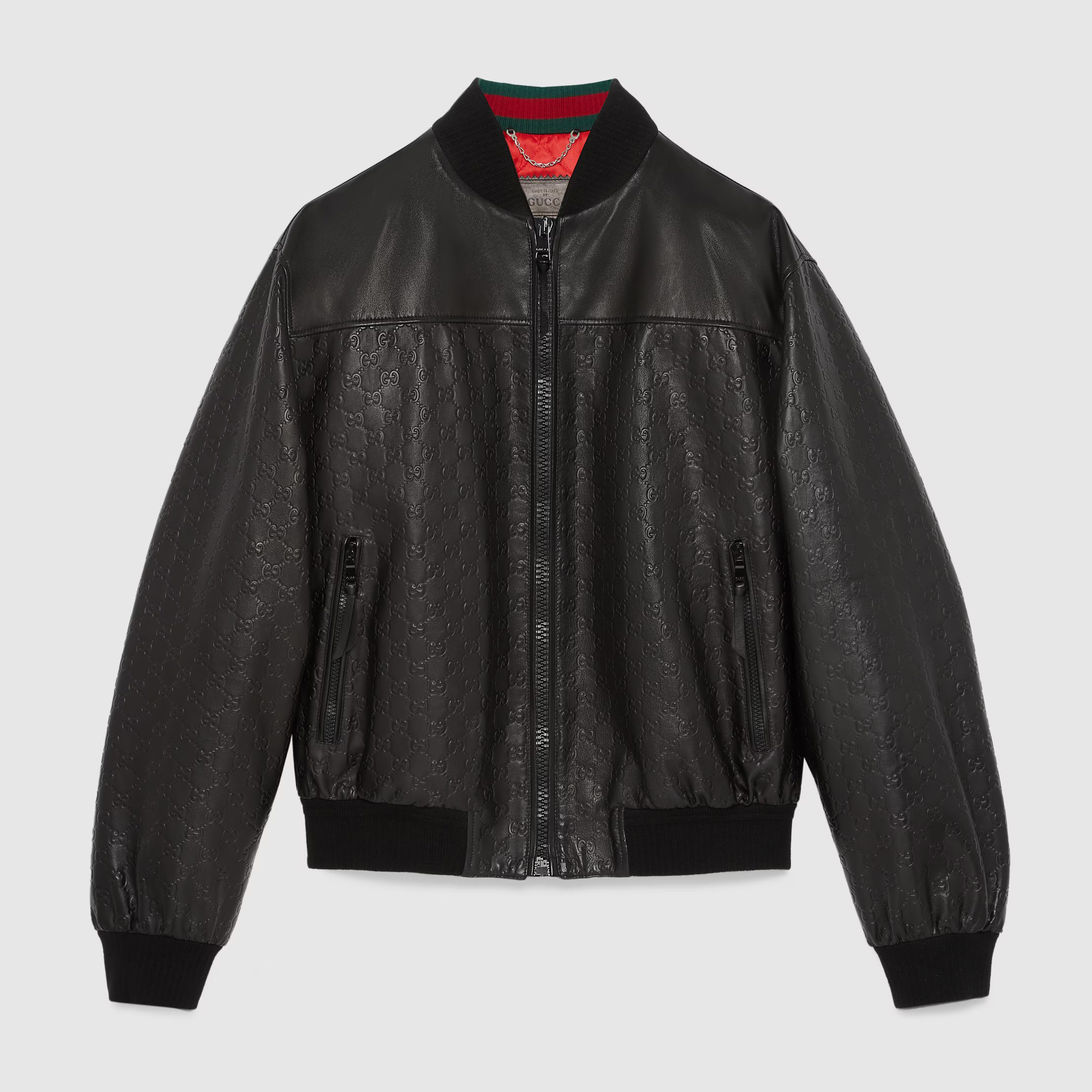 NIGO Gucci Men's Spring And Autumn Black Embossed Logo Printed Zipper Leather Baseball Jersey Long Sleeve Jacket #nigo72616