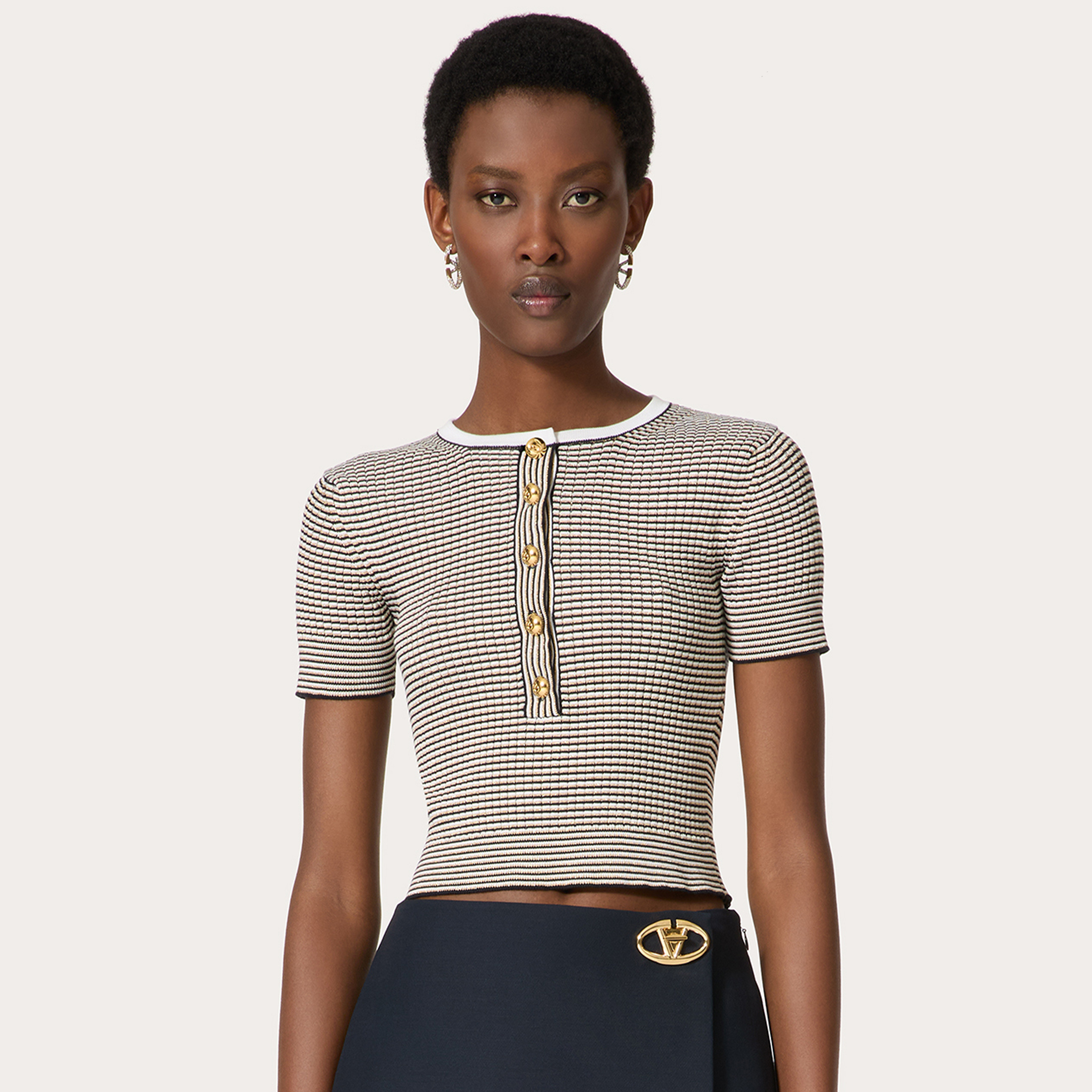 NIGO Valentino Women's Summer Striped Colorblocking Knit Short Sleeve Top Fashion Casual Fit Round Neck Button Down T-shirt Ngvp #nigo8937