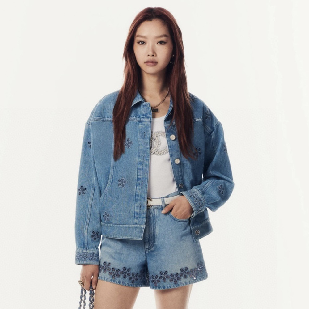 NIGO Chanel Women's Spring And Fall Blue Hollow Camellia Embroidery Printing Single breasted Long sleeved Denim Jacket Denim Shorts Suit Set #nigo72615