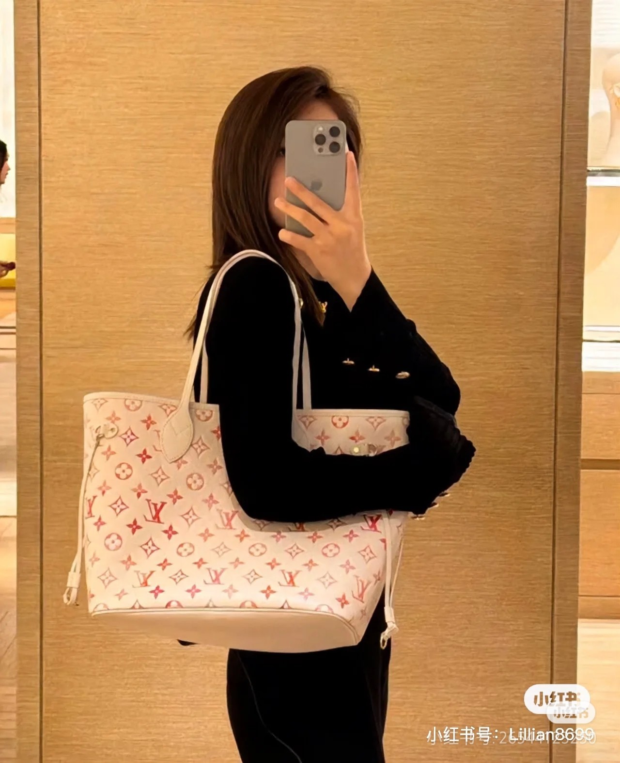 NIGO Louis Vuitton NEVERFULL Women's Pink Letter Logo Grained Cowhide Leather Shopping Bag Shoulder Tote Bag Bags #nigo72634