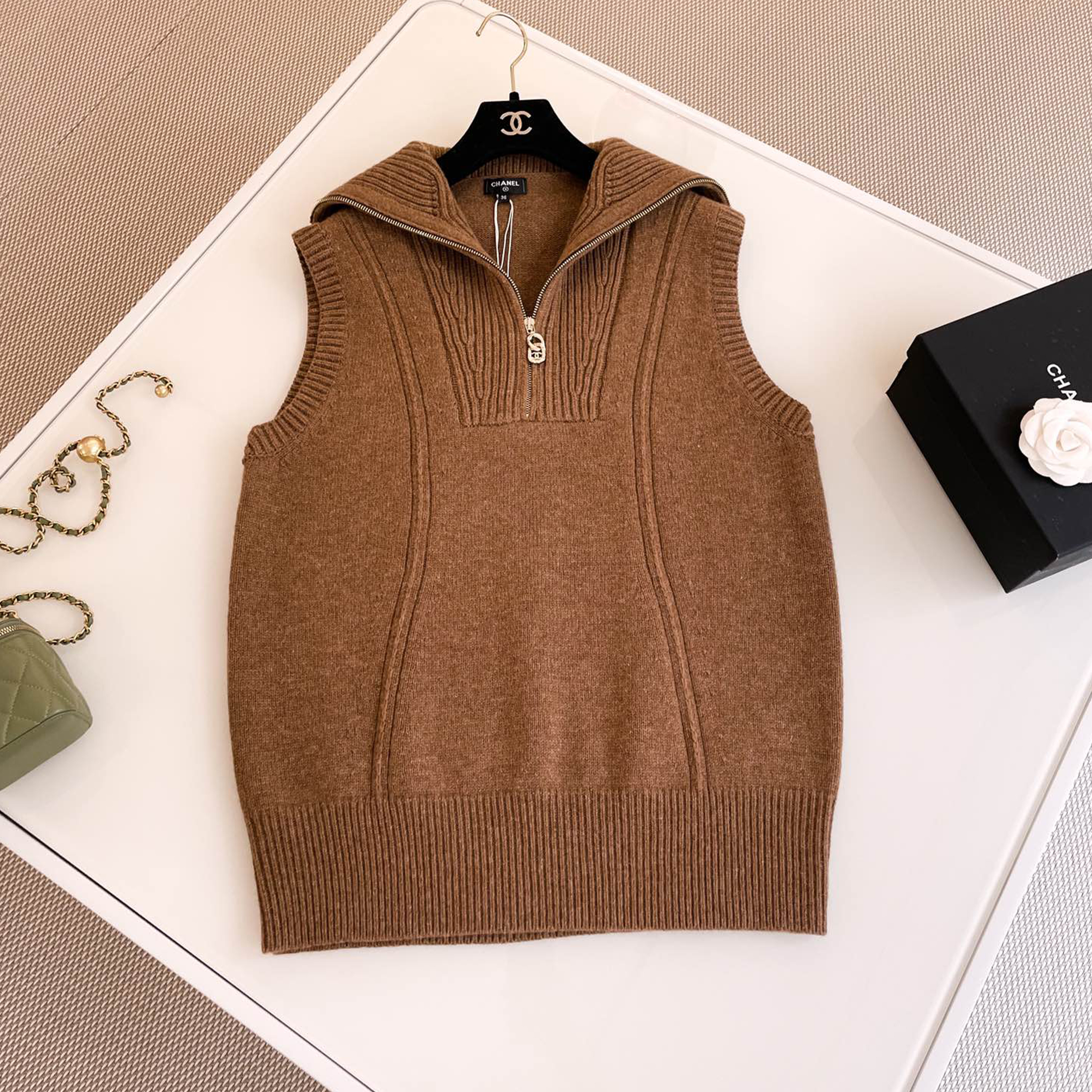 NIGO Chanel Women's Spring And Autumn Brown Zipper Vintage Fashion Cashmere Knit Vest Sleeveless Single Breasted Top Ngvp #nigo8941