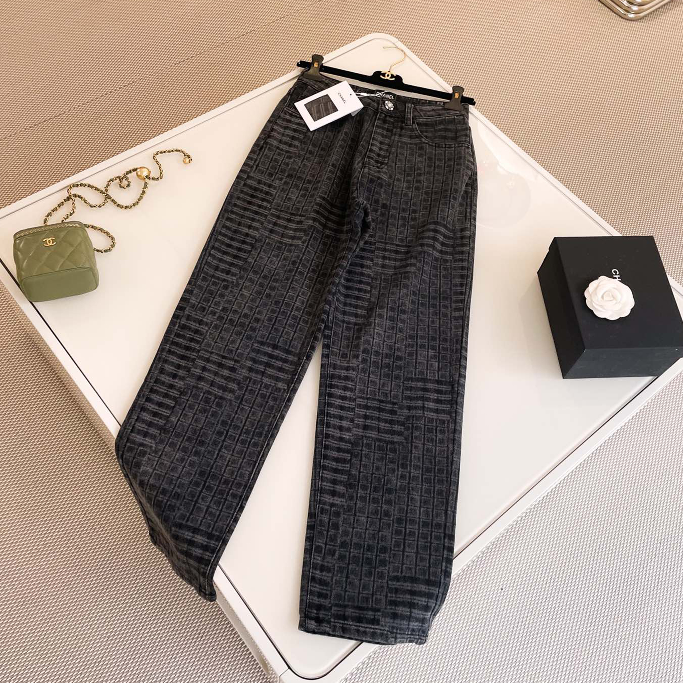 NIGO Chanel Women's Checkered Washed Gray Aged Jeans Camellia Button Slim Straight Denim Pants Ngvp #nigo8942