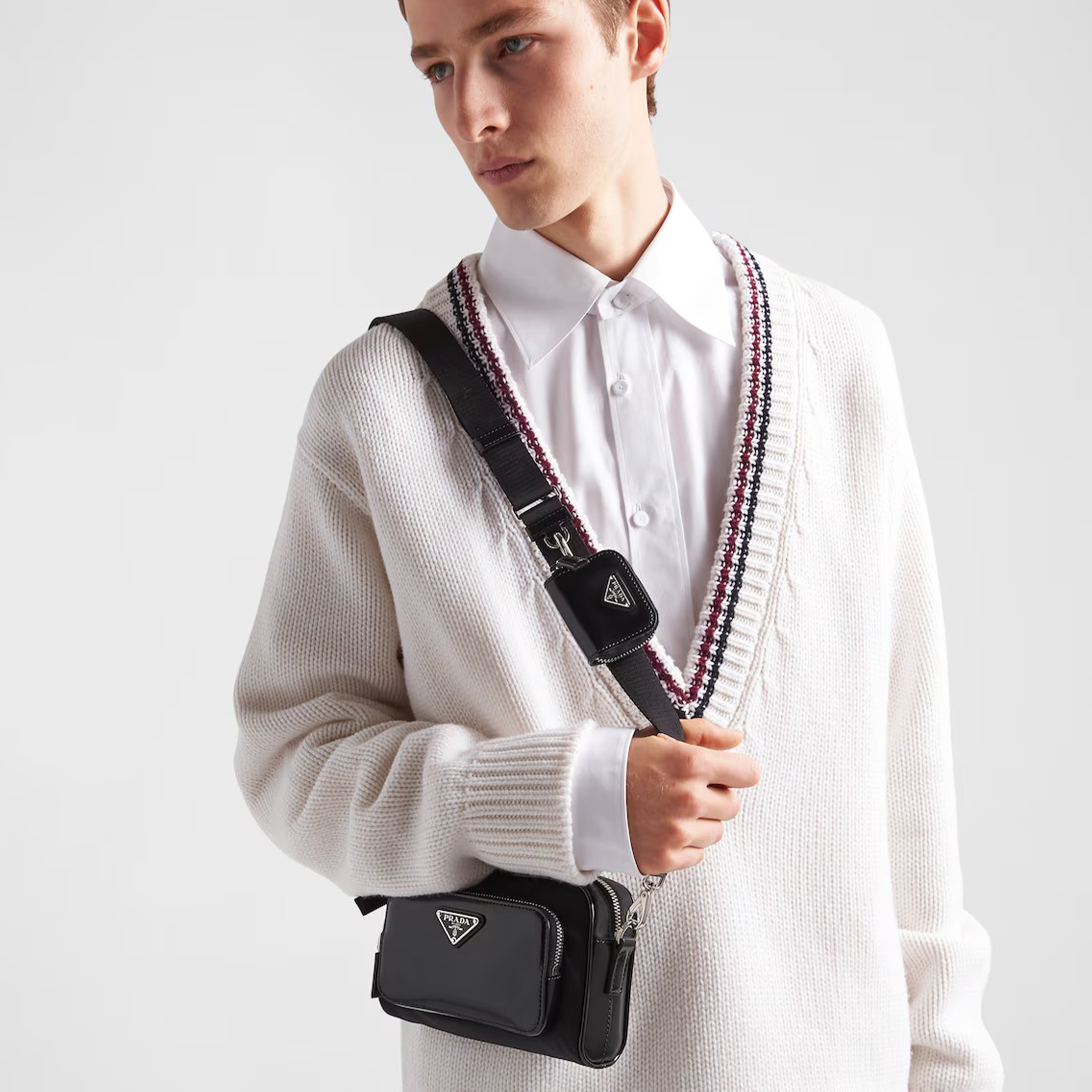 NIGO Prada Men's Black Metal Logo Zipper Closure Re-Nylon and Shiny Leather Casual Shoulder Bag #nigo71391