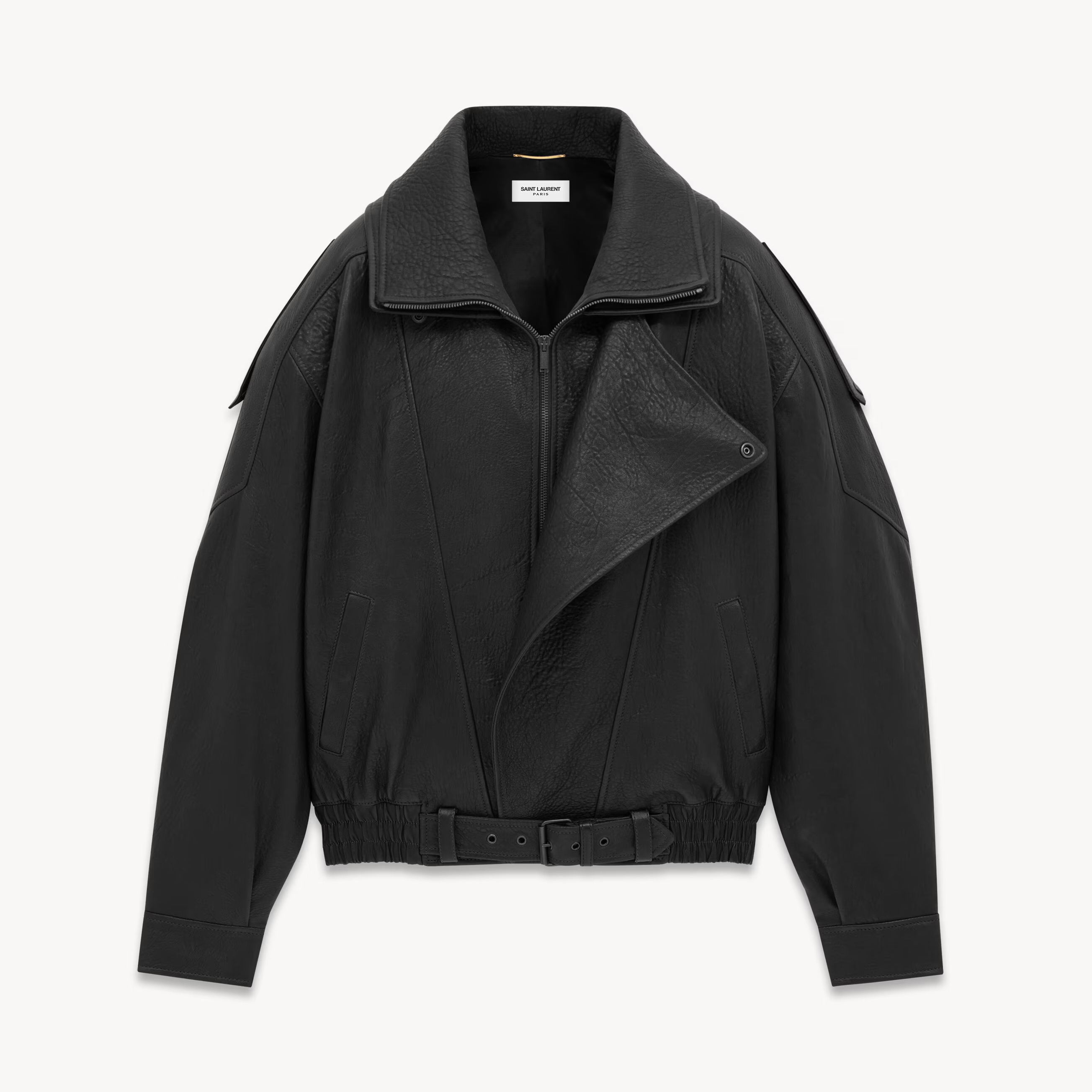 NIGO Saint Laurent Women's Spring, Fall And Winter Black Adjustable Belt Lapel Zipper Lambskin Long Sleeve Fitted Bomber Jacket Ngvp #nigo8859