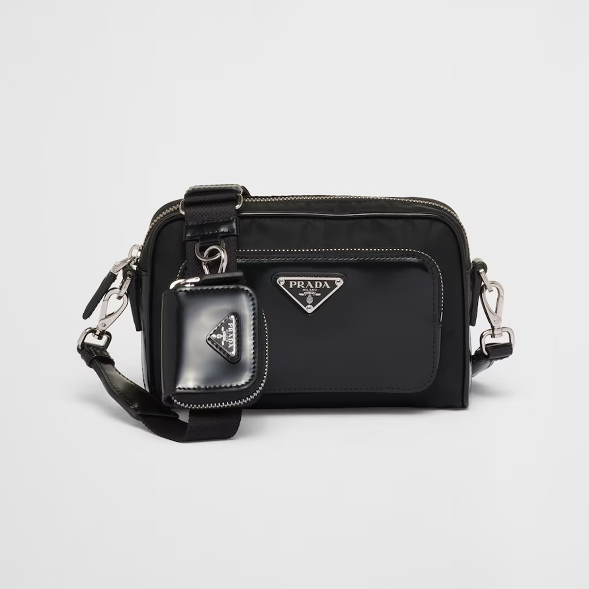NIGO Prada Men's Black Metal Logo Zipper Closure Re-Nylon and Shiny Leather Casual Shoulder Bag #nigo71391