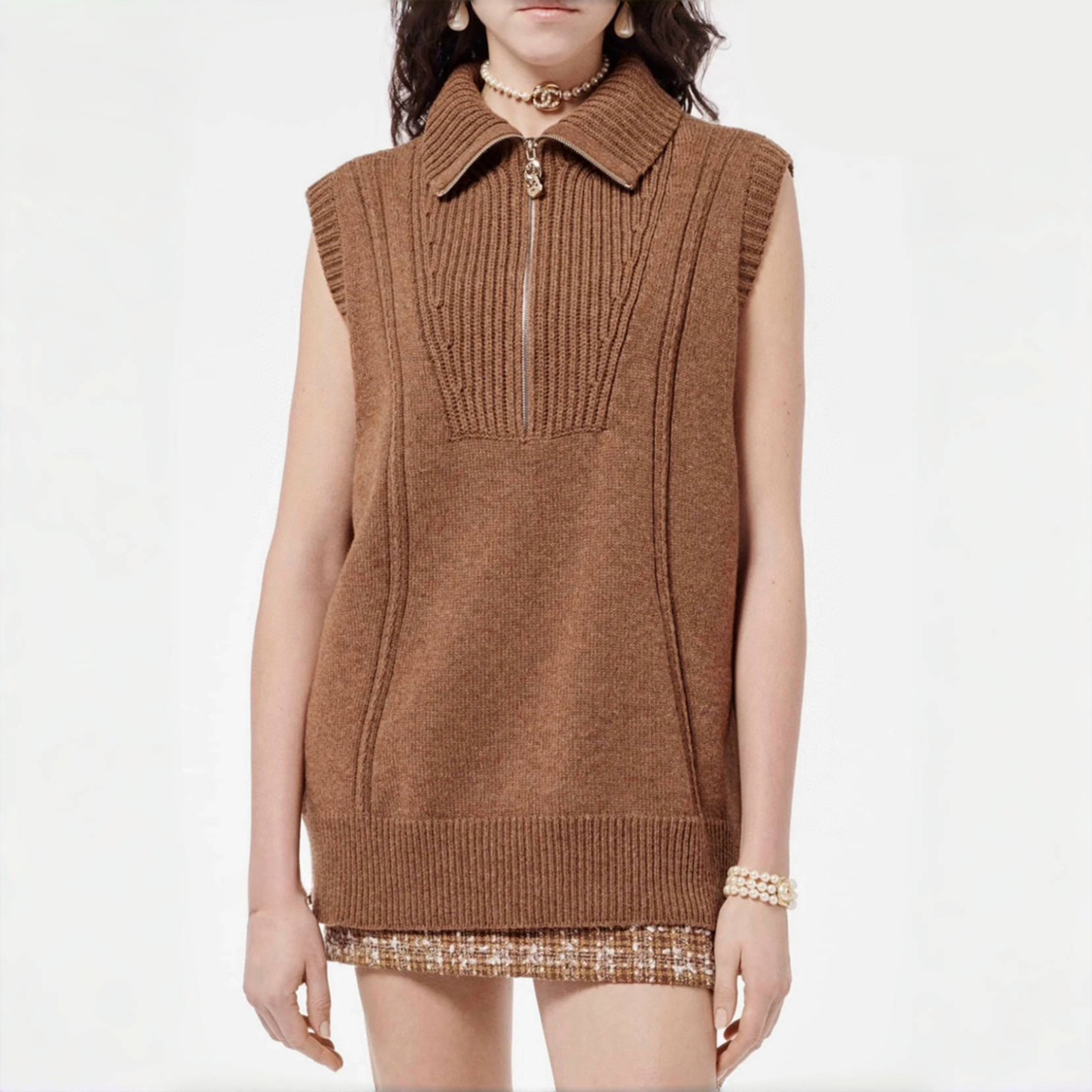 NIGO Chanel Women's Spring And Autumn Brown Zipper Vintage Fashion Cashmere Knit Vest Sleeveless Single Breasted Top Ngvp #nigo8941