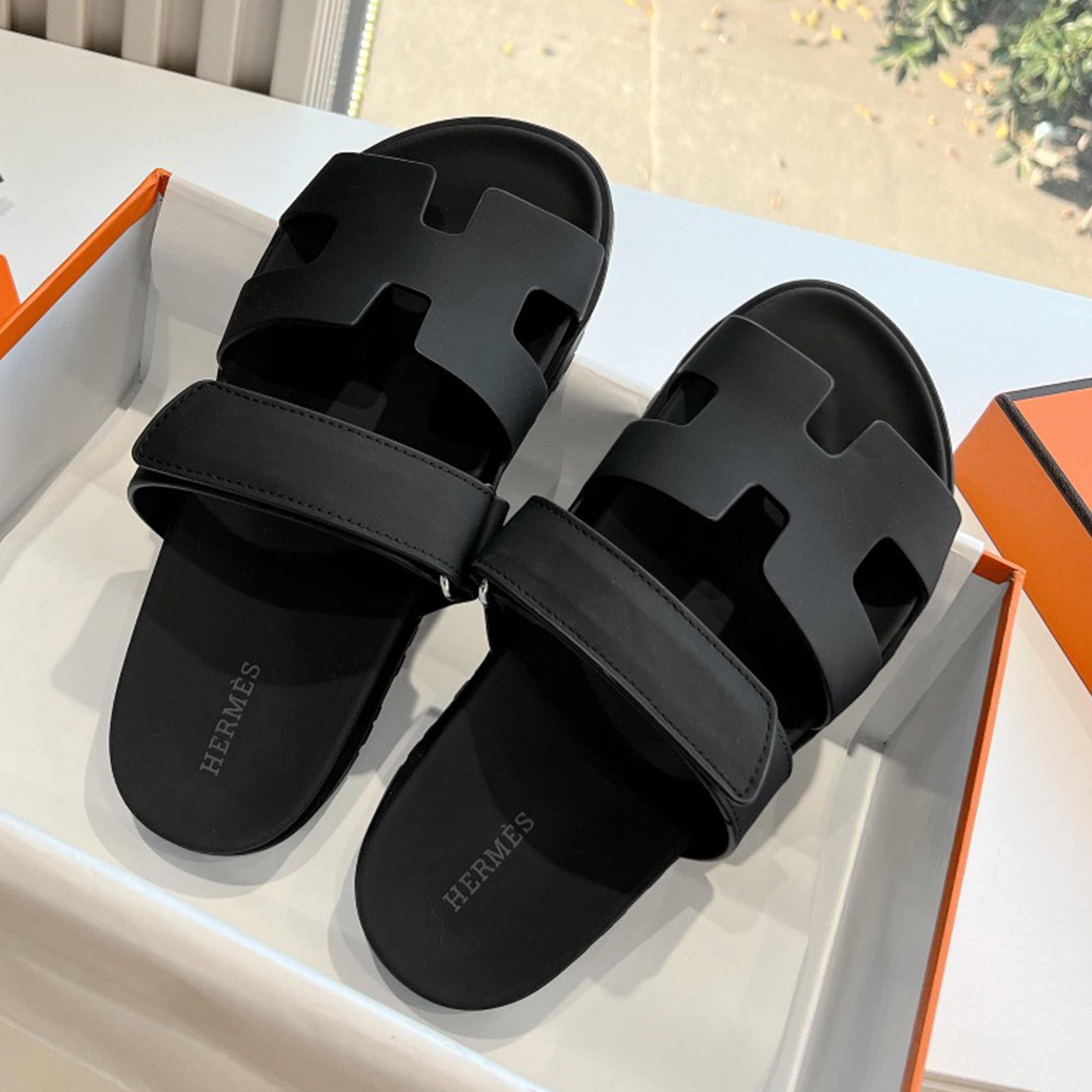 NIGO Hermes Men's Women's Fashion Casual Comfortable Letter Logo Slippers Black Deerskin Sandals Shoes #nigo71389