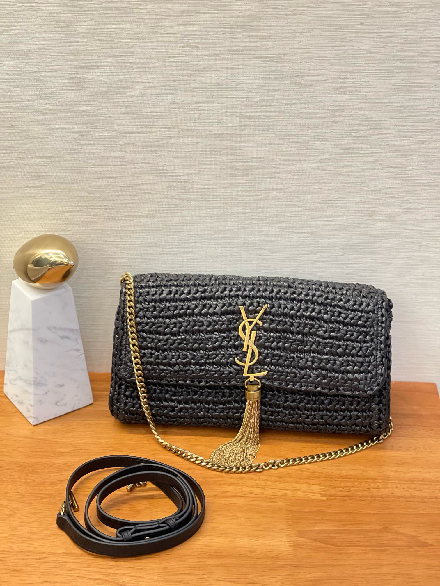 NIGO SAINT LAURENT Women's Fashion Gold Logo Tassel Raffia Grass Woven Underarm Bag Chain Casual Clutch Bag #nigo71392