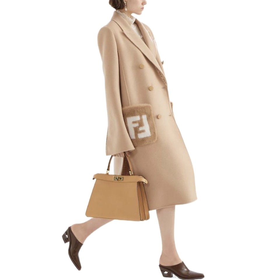 NIGO Fendi Women's Autumn And Winter Solid Color Splicing Double Breasted Medium Length Wool Long Sleeved Coat Jacket #nigo72647