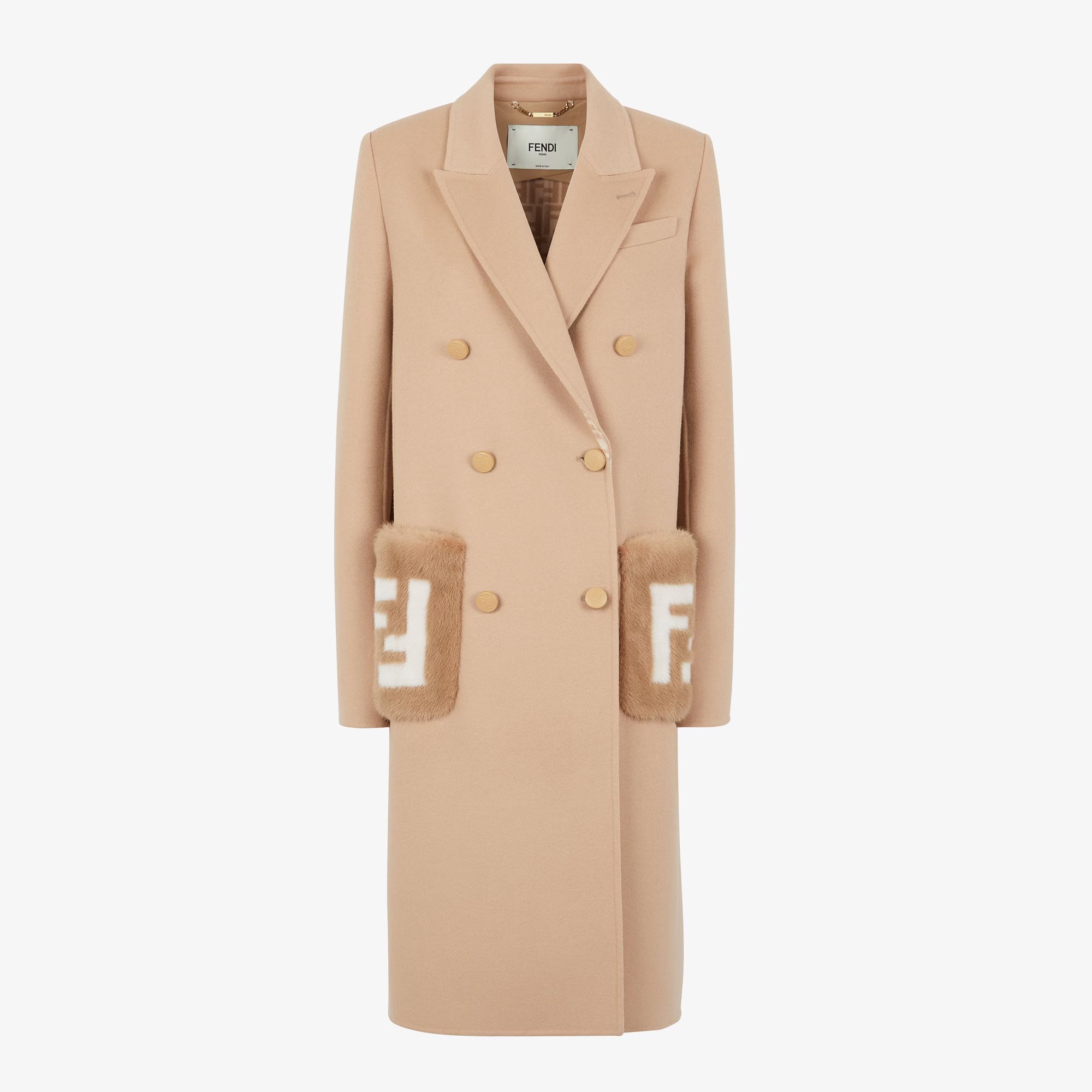 NIGO Fendi Women's Autumn And Winter Solid Color Splicing Double Breasted Medium Length Wool Long Sleeved Coat Jacket #nigo72647