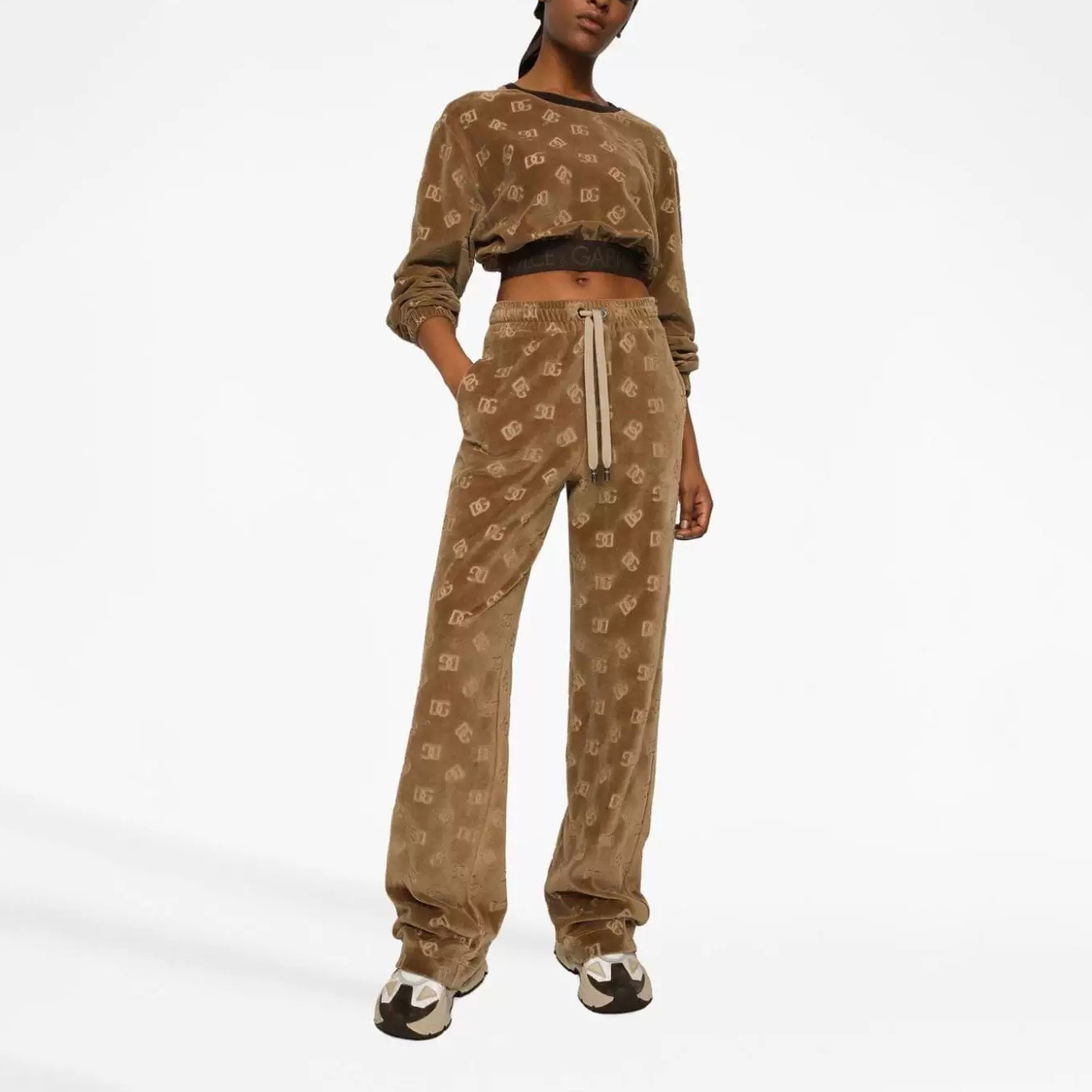 NIGO Dolce&Gabbana Women's Spring and Autumn Brown Letter Printed Velvet Fabric Knitted Sweater Lace-Up Leisure Pants Set Suit #nigo72662