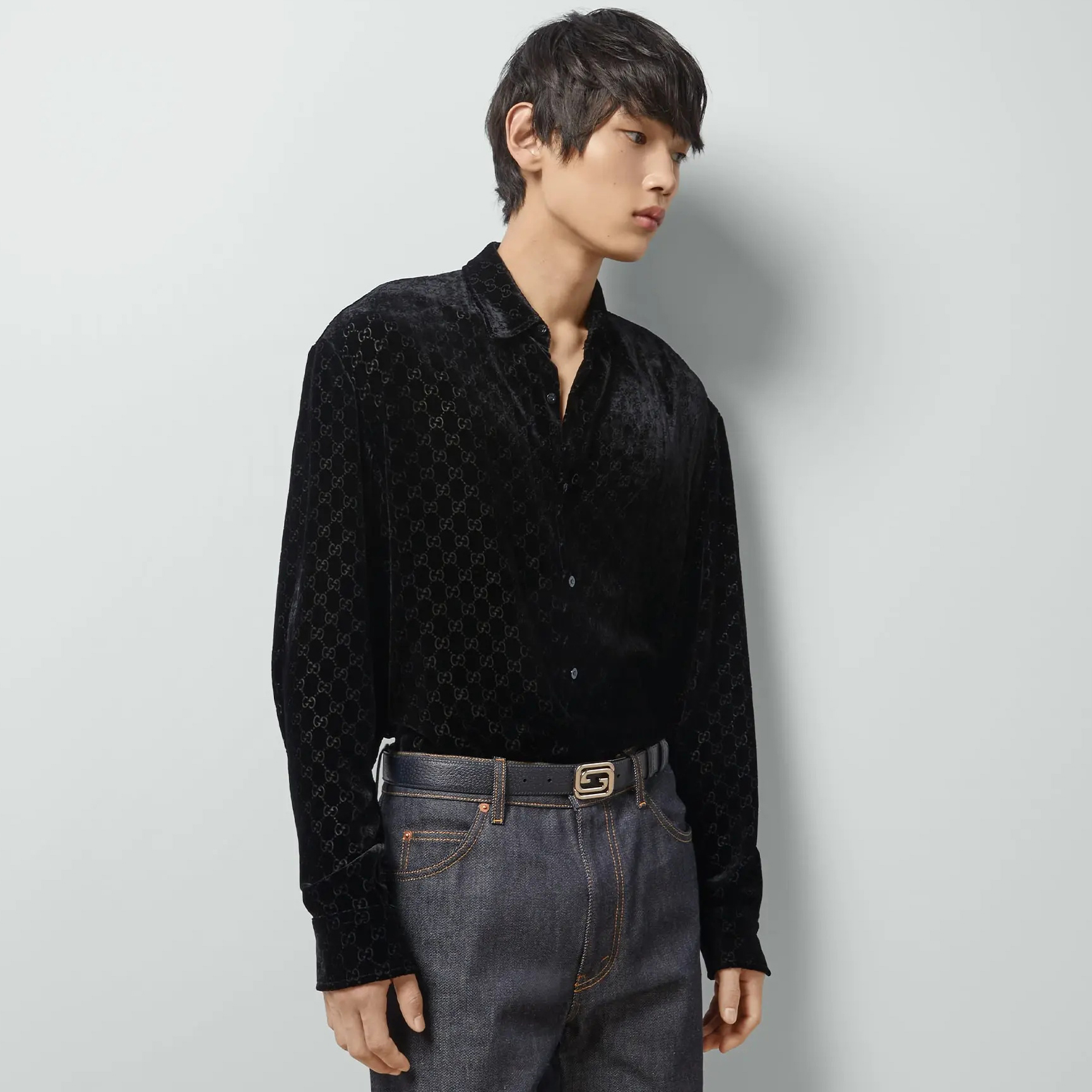 NIGO Gucci Men's Spring And Fall Black Logo Pattern Printed Velvet Single breasted Long Sleeved Shirt #nigo72673