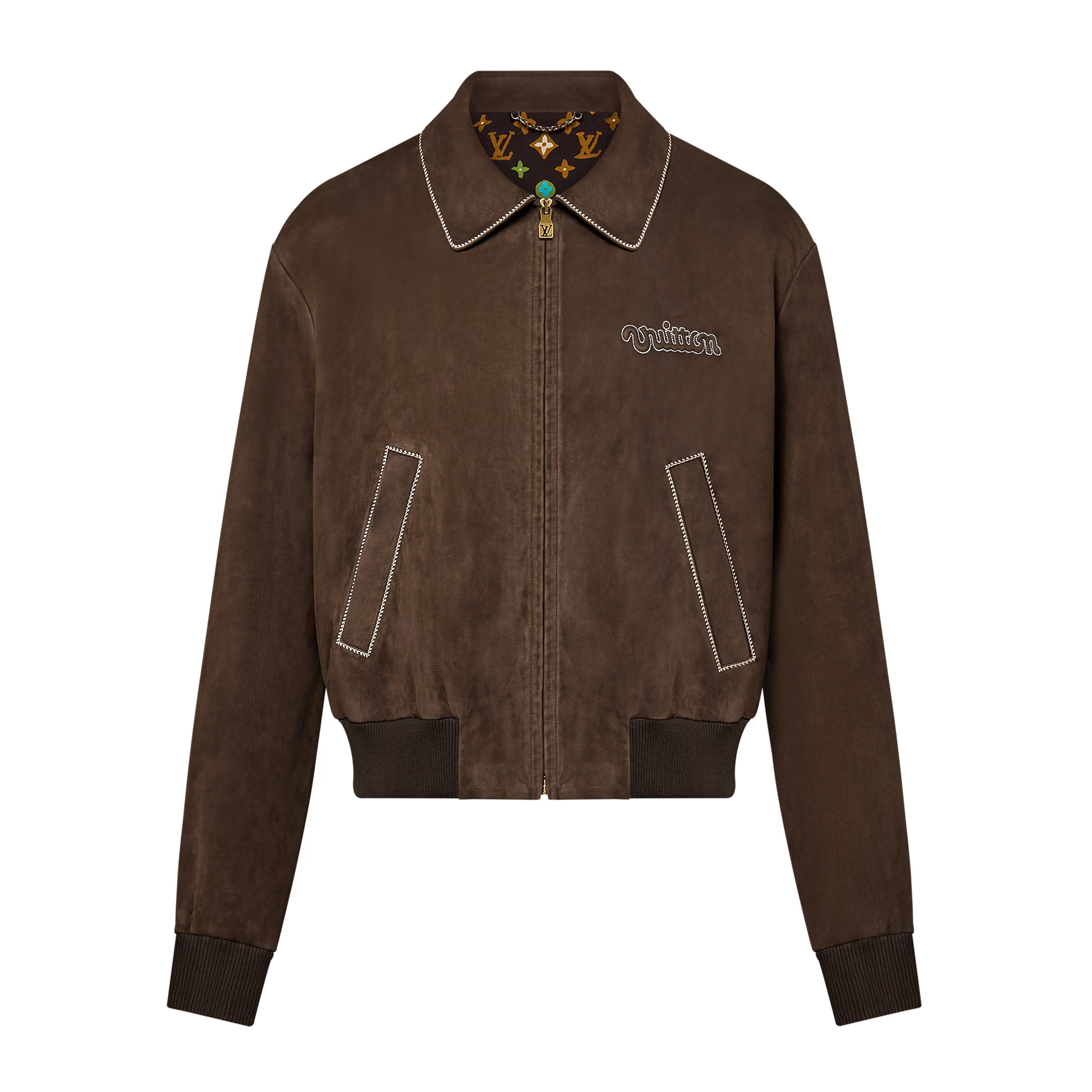 NIGO Louis Vuitton Men's Fall and Winter Brown Letter Zipper Lapel Casual Pilot Leather Long Sleeve Jacket #nigo72671