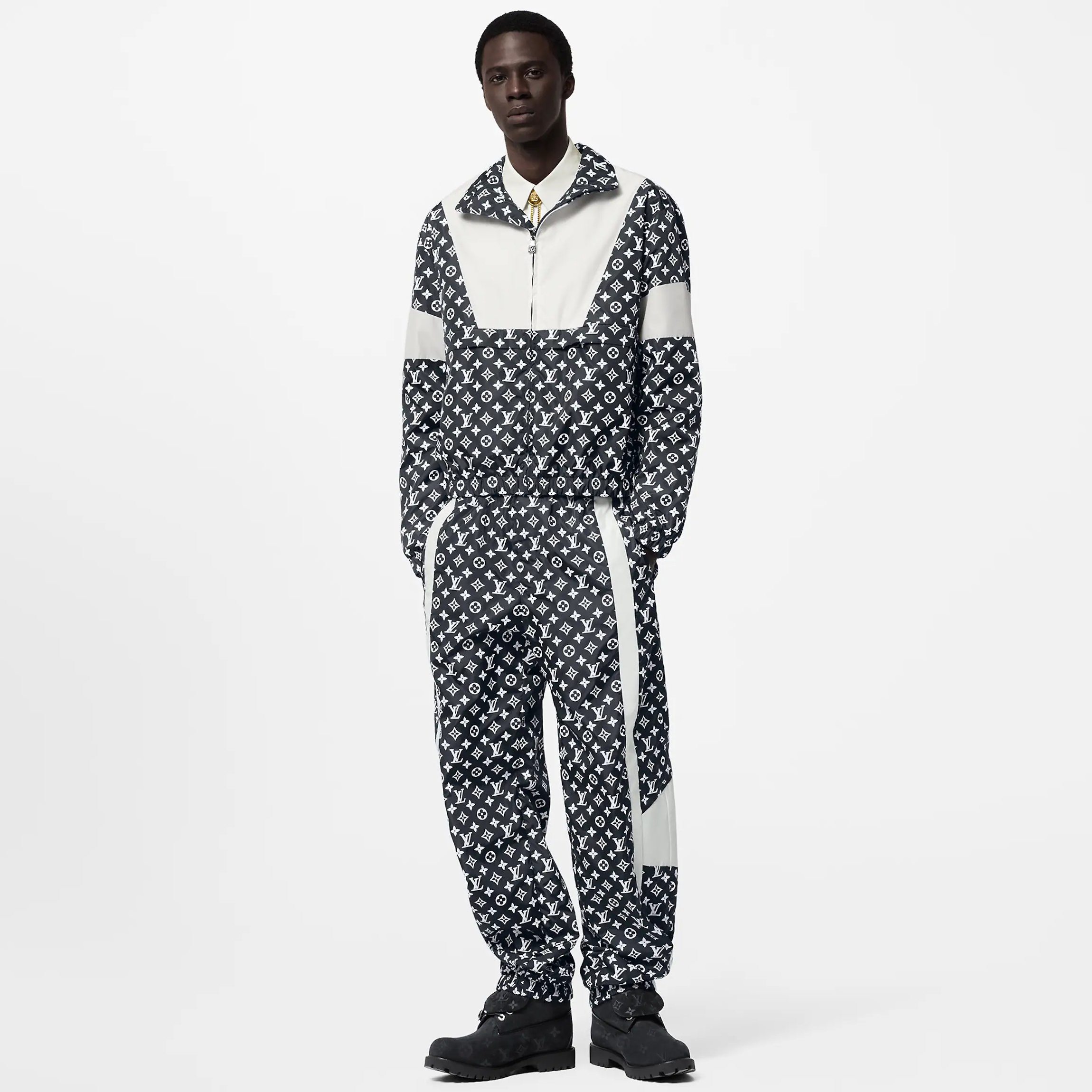 NIGO Louis Vuitton Men's Spring And Autumn Logo Letters Full Print Color Blocking Collar Zipper Long Sleeved Jacket Mid Waist Drawstring Knit Sweatpants Pants Suit Set #nigo72672