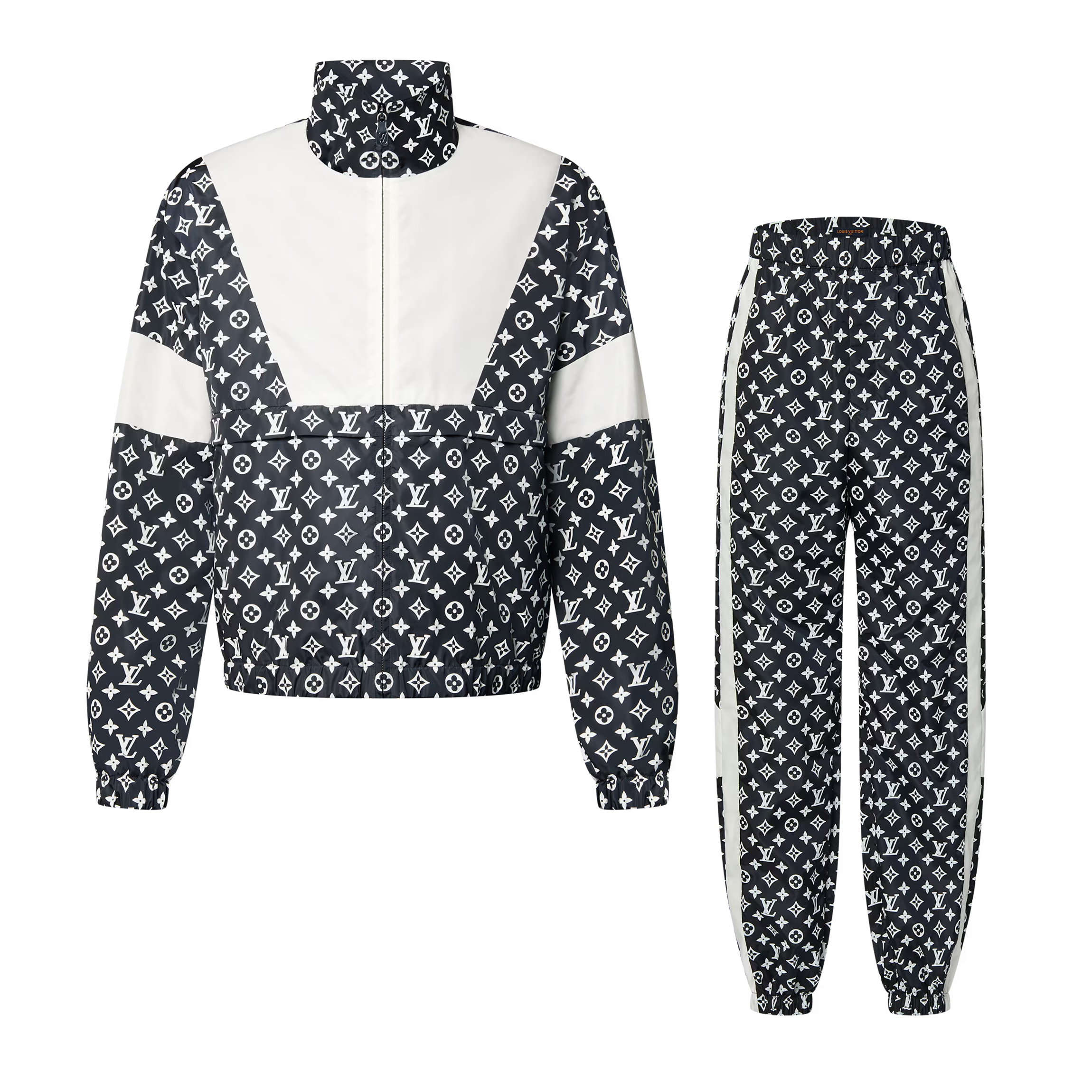 NIGO Louis Vuitton Men's Spring And Autumn Logo Letters Full Print Color Blocking Collar Zipper Long Sleeved Jacket Mid Waist Drawstring Knit Sweatpants Pants Suit Set #nigo72672