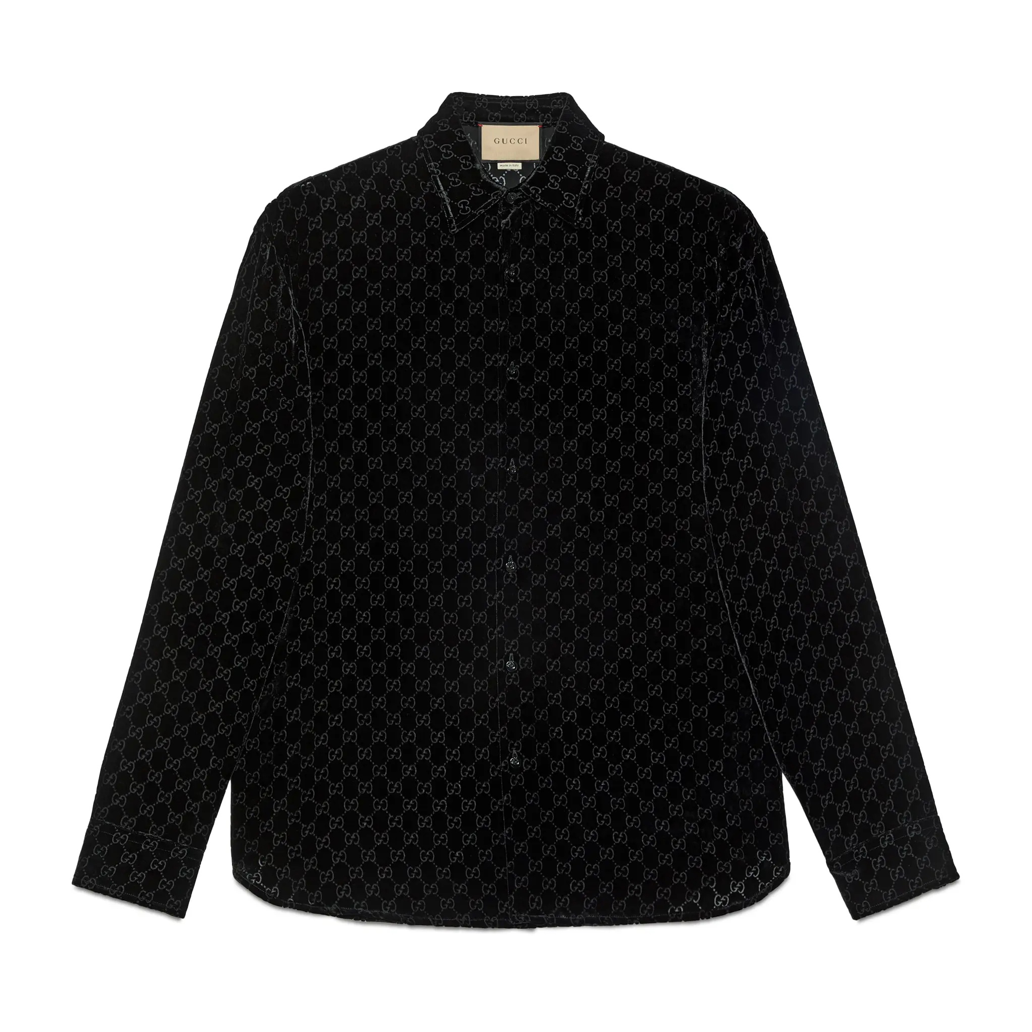 NIGO Gucci Men's Spring And Fall Black Logo Pattern Printed Velvet Single breasted Long Sleeved Shirt #nigo72673