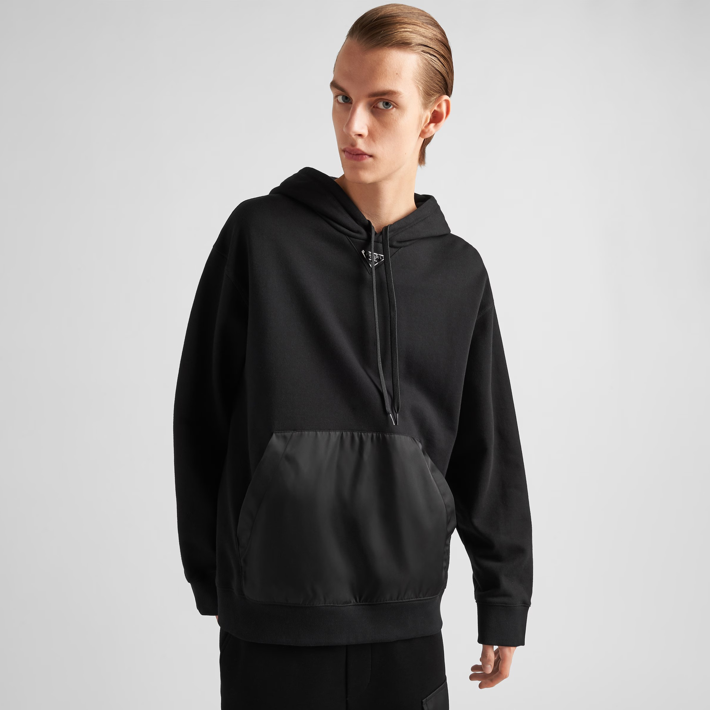 NIGO Prada Men's Spring and Fall Triangle Metal Label Black Cotton Hooded Drawstring Loose Sweatshirt Pullover #nigo72668