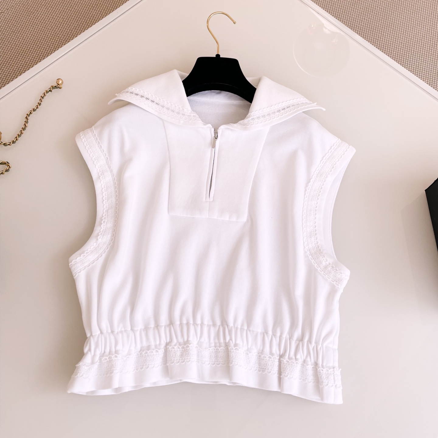 NIGO Chanel Women's Summer Solid Color Cotton Knit Short Hooded Sleeveless T-Shirt Splicing Striped Mesh Lace Embroidery Casual Shorts Ngvp #nigo8957