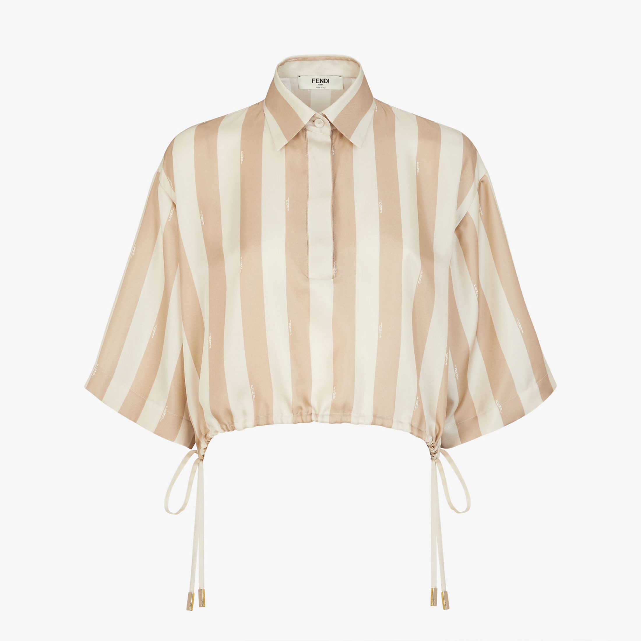 NIGO Fendi Women's Spring Summer Beige Pequin Stripe Pattern Silk Short Sleeve Shirt Drawstring Top Colorblocking Casual High Waisted Stretch Shorts Suit Set Ngvp #nigo9111