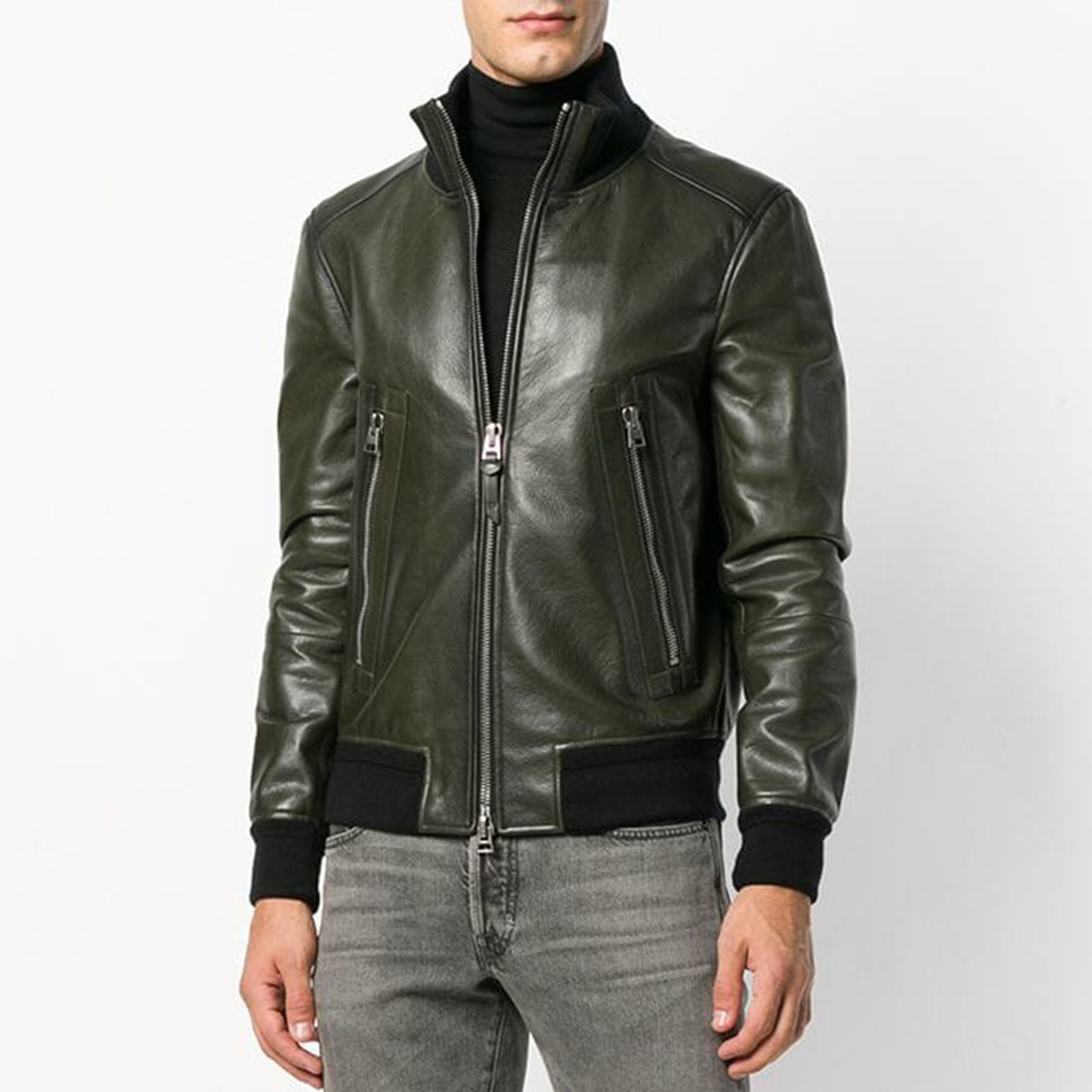 NIGO Tom Ford Men's Fall And Winter Green Standing Collar Cowhide Jacket Fashion Temperament Retro Zipper Casual Jacket Coat Ngvp #nigo8949