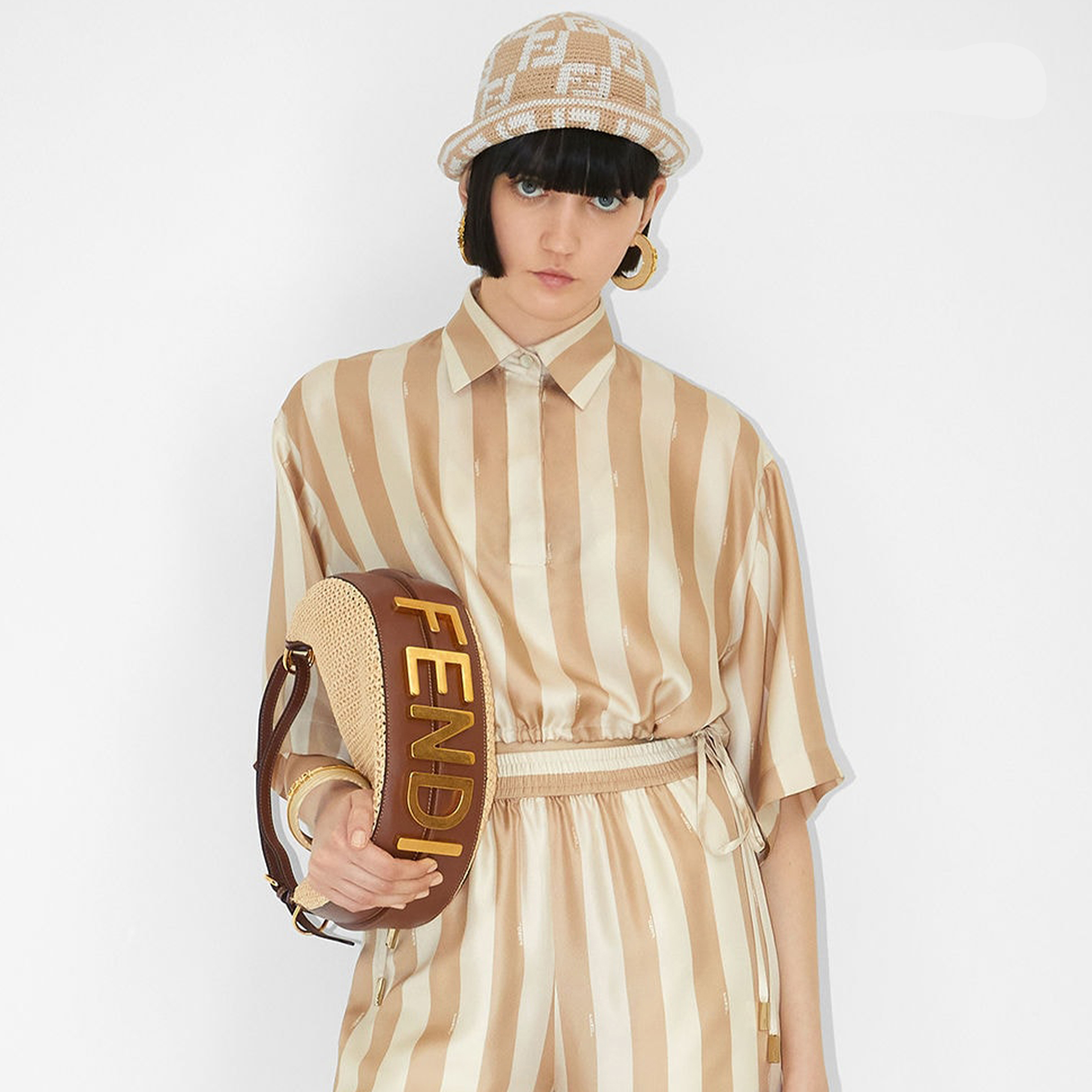 NIGO Fendi Women's Spring Summer Beige Pequin Stripe Pattern Silk Short Sleeve Shirt Drawstring Top Colorblocking Casual High Waisted Stretch Shorts Suit Set Ngvp #nigo9111