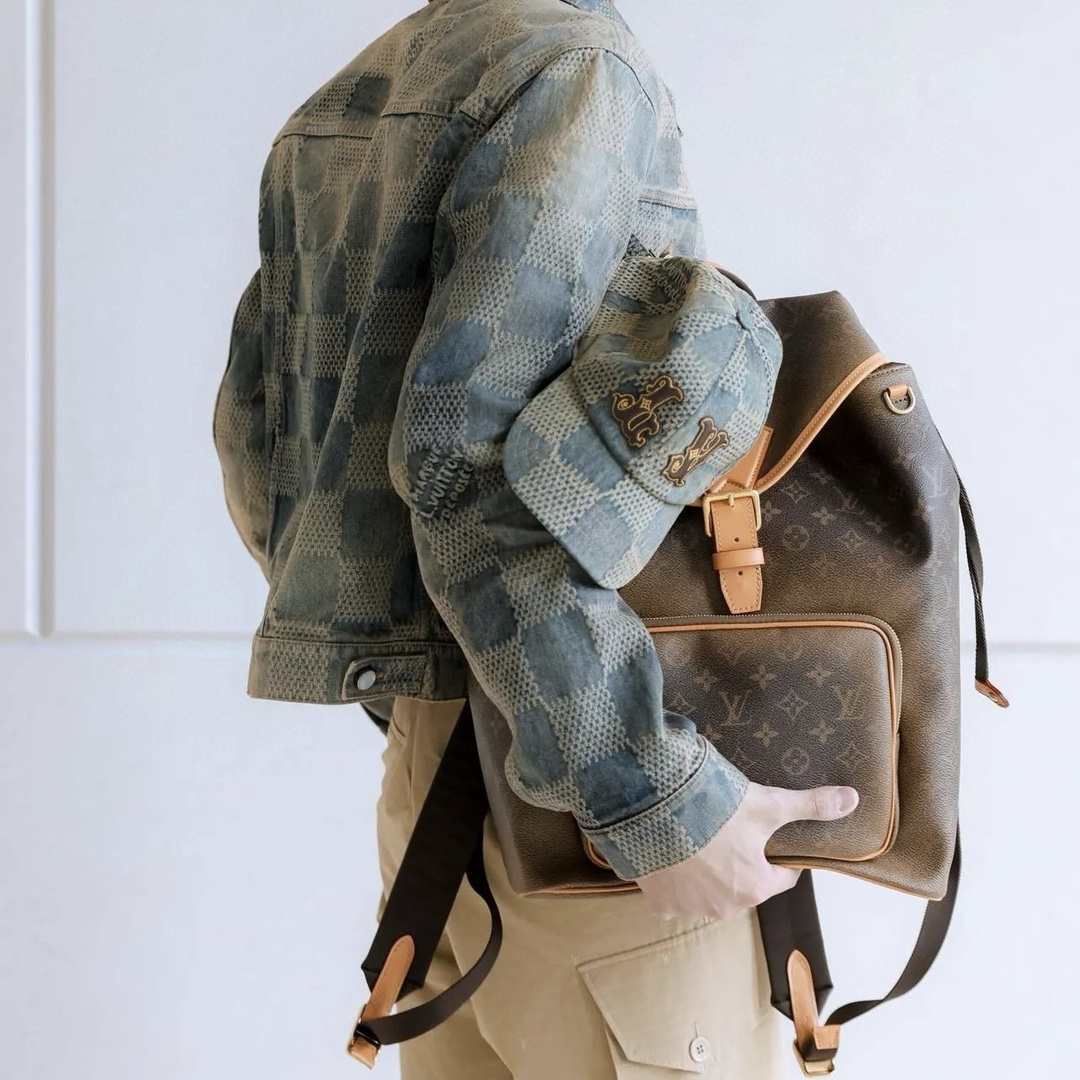 NIGO Louis Vuitton MONTSOURIS Men's Brown Alphabet Printed Magnetic Buckle Drawstring Closure Leather Backpack Shoulder Bag Bags #nigo72681