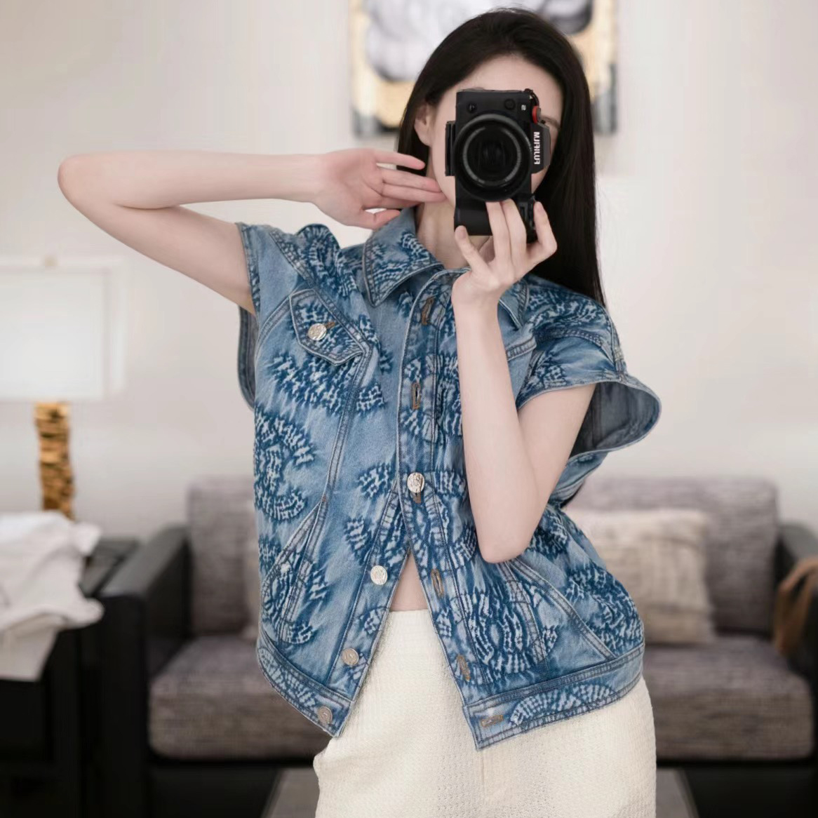 NIGO Chanel Women's Spring and Autumn Blue Tie-Dye Washed Denim Vest Jacket #nigo72677