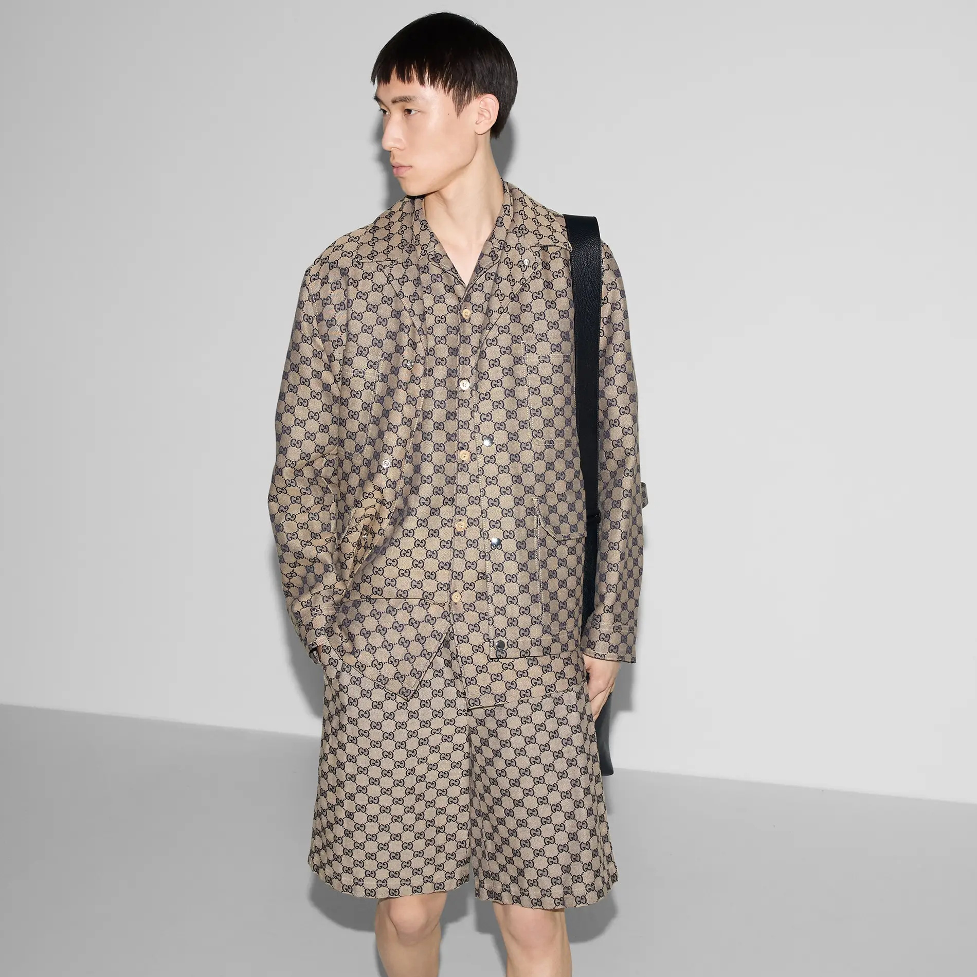 NIGO Gucci Men's Summer Blue Logo Pattern Full Print Single Breasted Short Sleeve Shirt Elastic Waist Shorts Set Suit #nigo72711