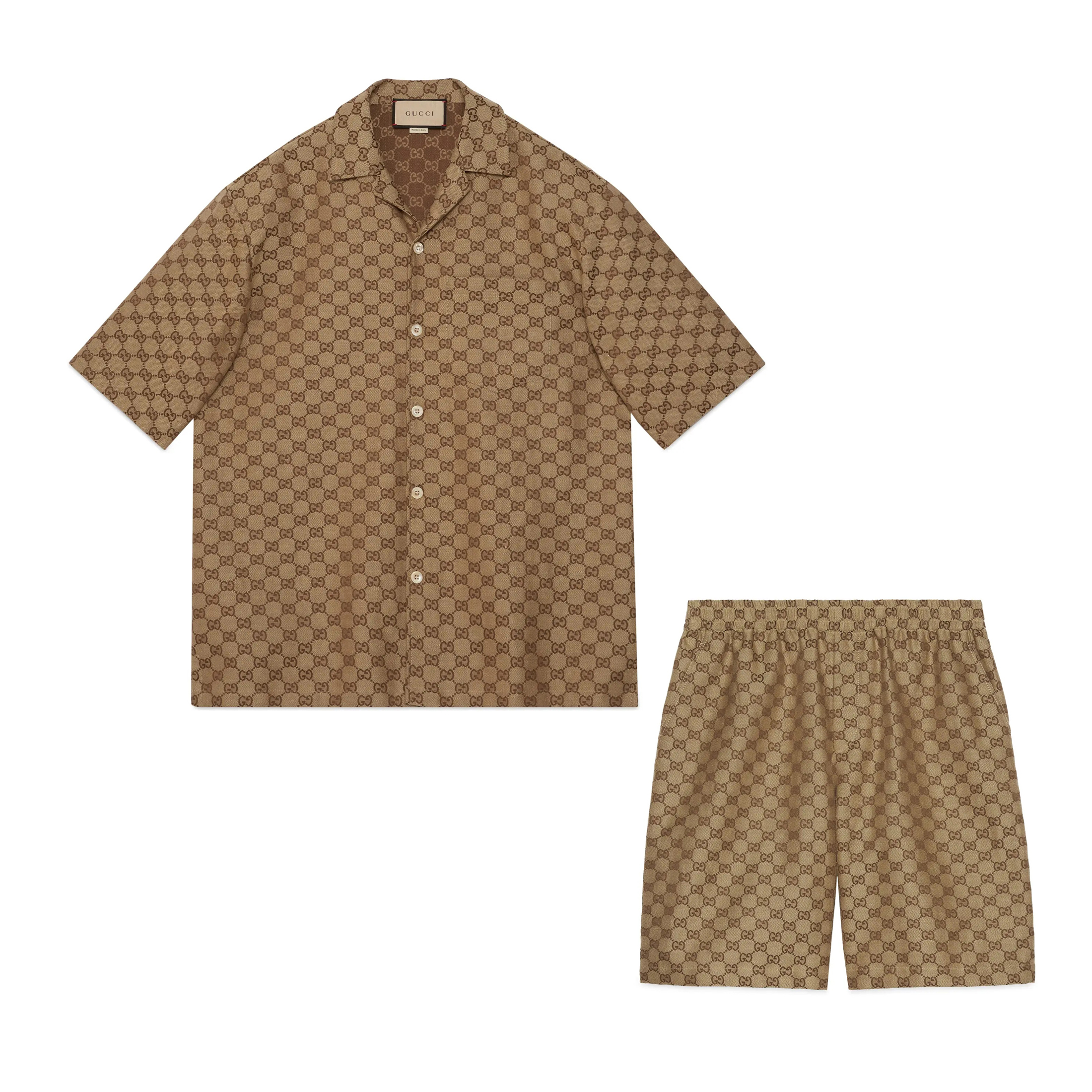 NIGO Gucci Men's Summer Blue Logo Pattern Full Print Single Breasted Short Sleeve Shirt Elastic Waist Shorts Set Suit #nigo72712