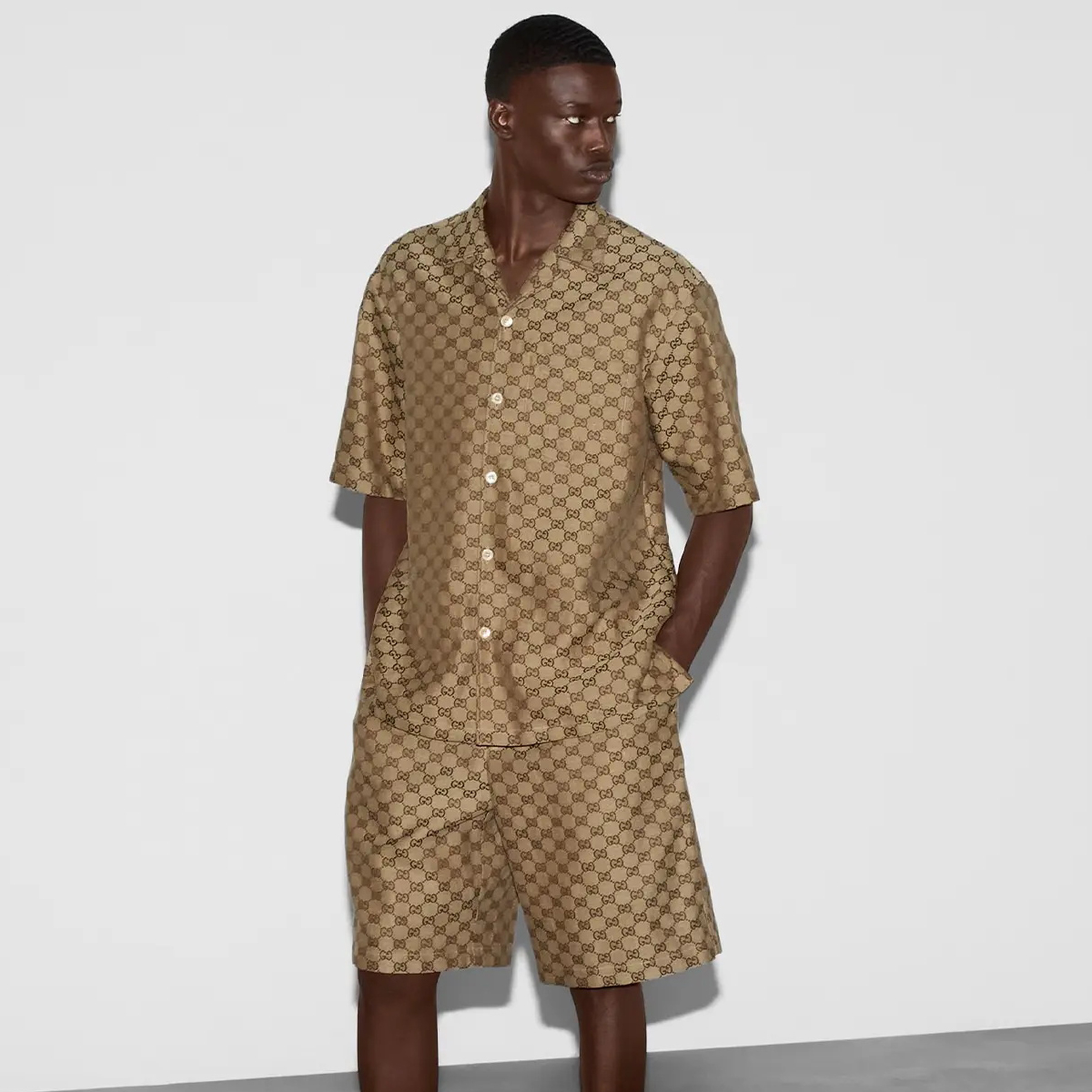 NIGO Gucci Men's Summer Blue Logo Pattern Full Print Single Breasted Short Sleeve Shirt Elastic Waist Shorts Set Suit #nigo72712