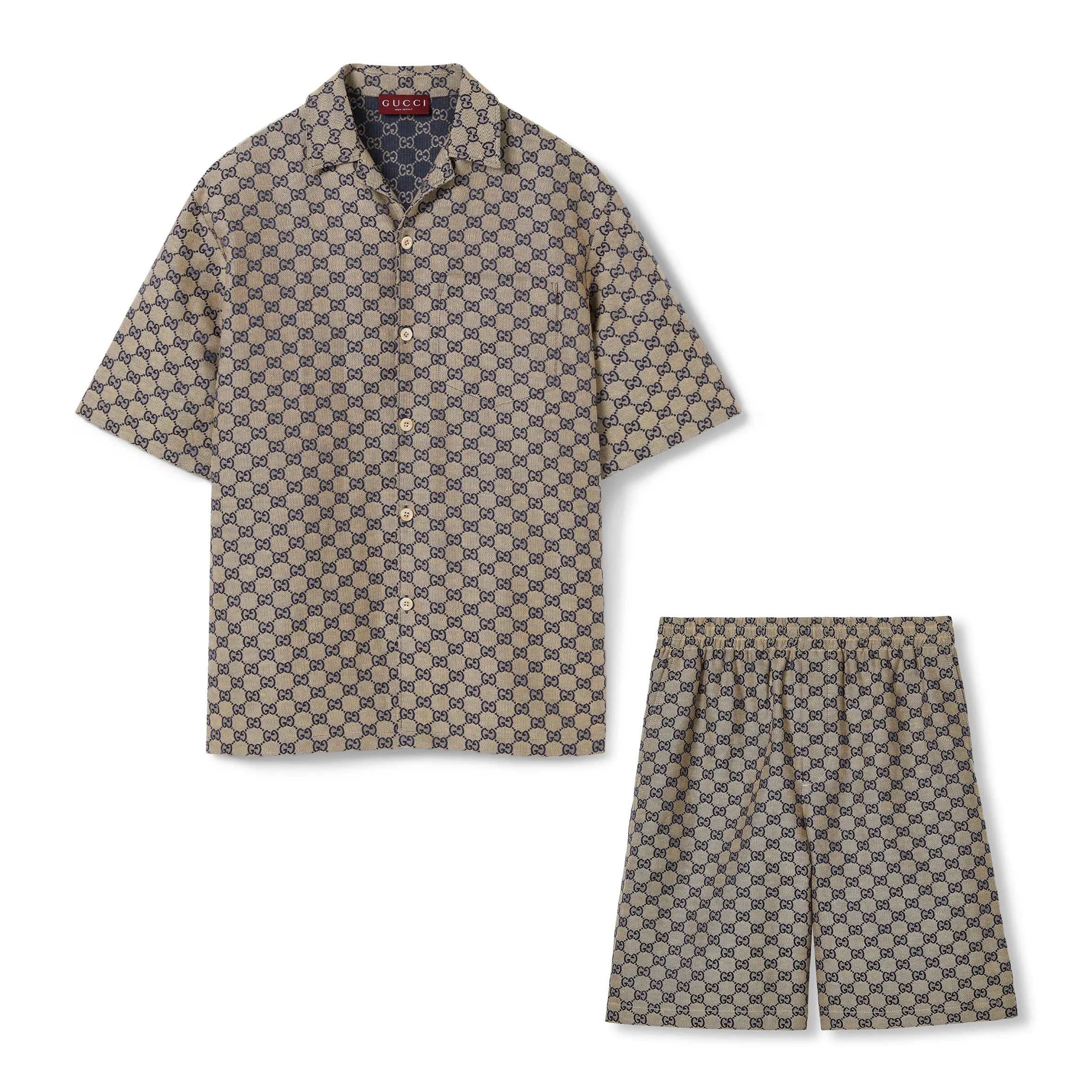 NIGO Gucci Men's Summer Blue Logo Pattern Full Print Single Breasted Short Sleeve Shirt Elastic Waist Shorts Set Suit #nigo72711