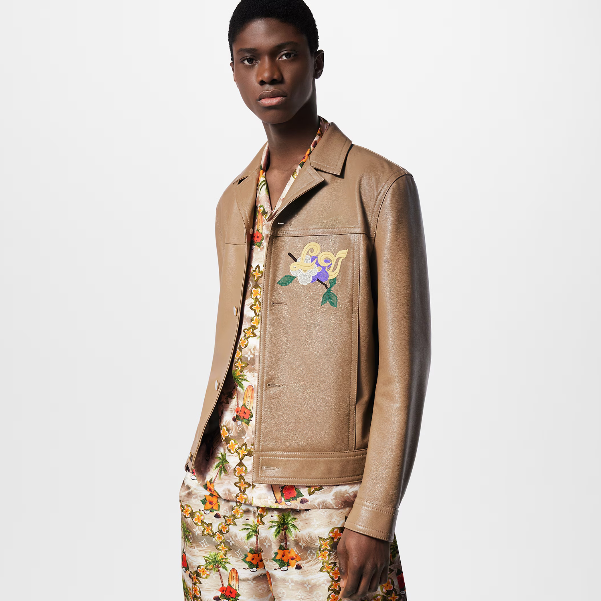 NIGO Louis Vuitton Men's Fall/Winter Brown Floral Embroidery Single Breasted Leather Long Sleeve Jacket #nigo72718
