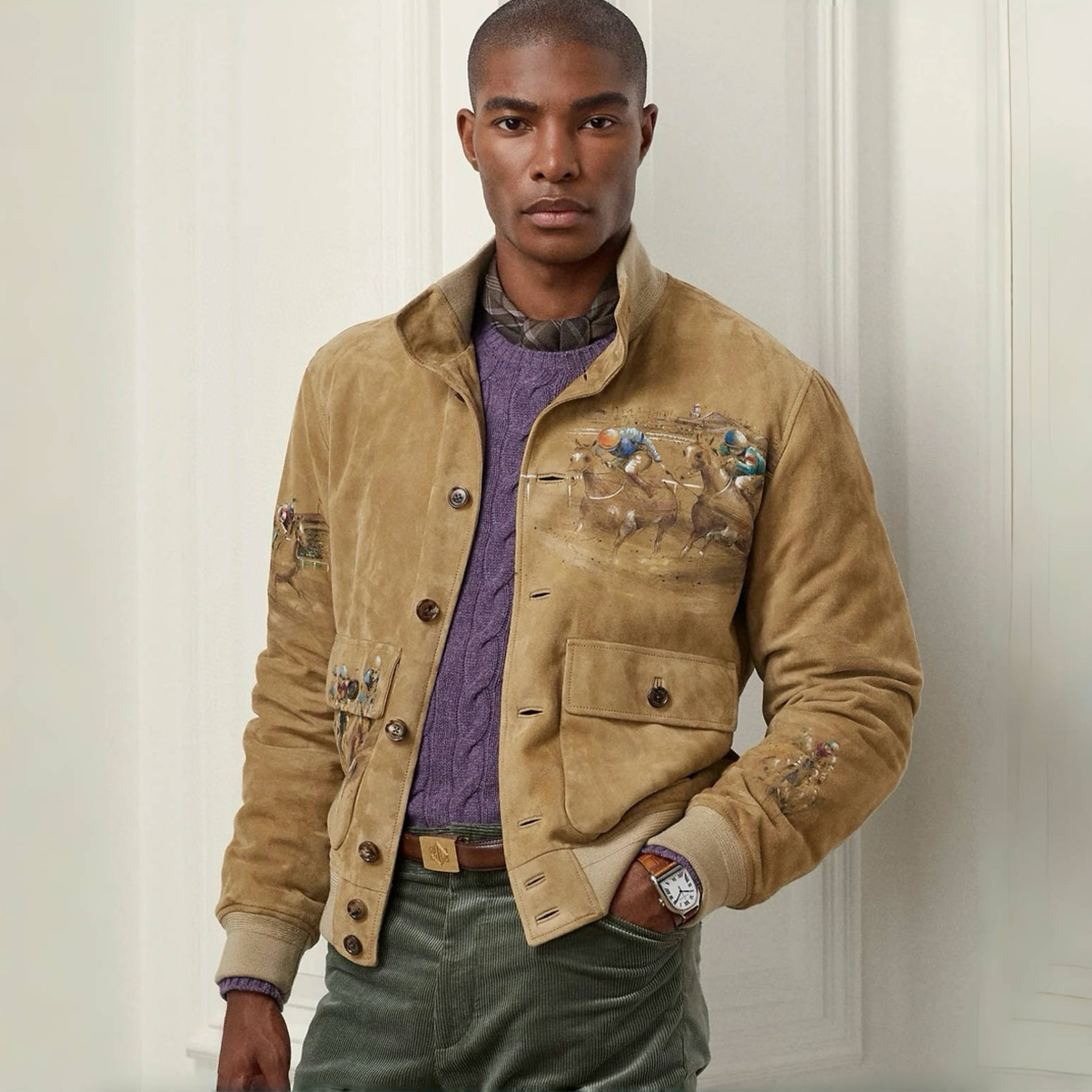 NIGO Ralph Lauren Men's Women's Spring And Autumn Painted Trend Goatskin Suede Large Pockets Single Breasted Brown Flight Suit Jacket Long Sleeve Coat Ngvp #nigo8966