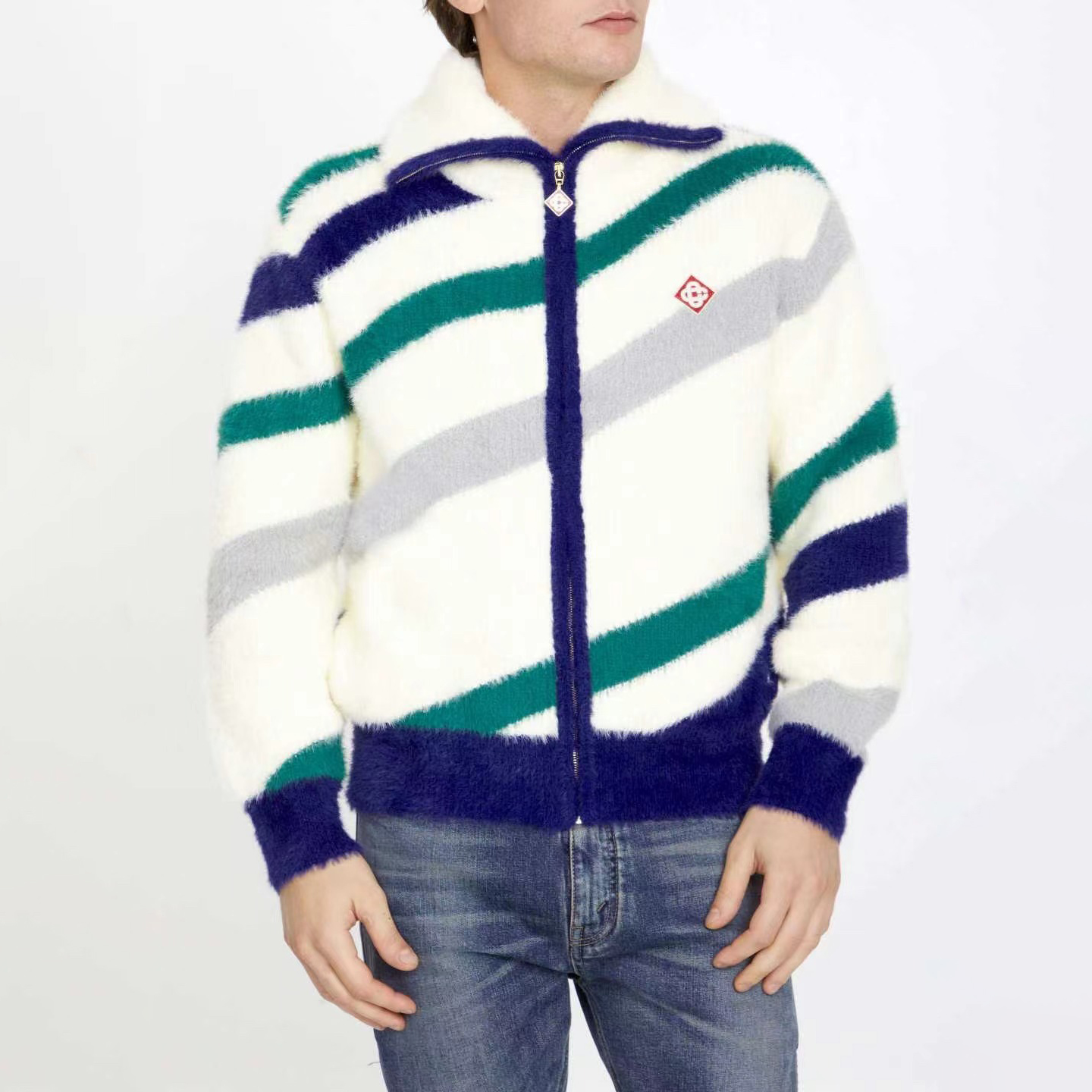 NIGO Casablanca Men's Fall and Winter Brushed Texture Slanted Stripe Pattern Long Sleeve Sweatshirt Zipper Jacket #nigo72716