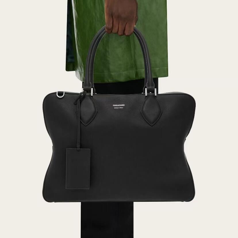 NIGO Ferragamo Men's Black Monogrammed Logo Zipper Closure Calfskin Handbag Bag Bags #nigo72737