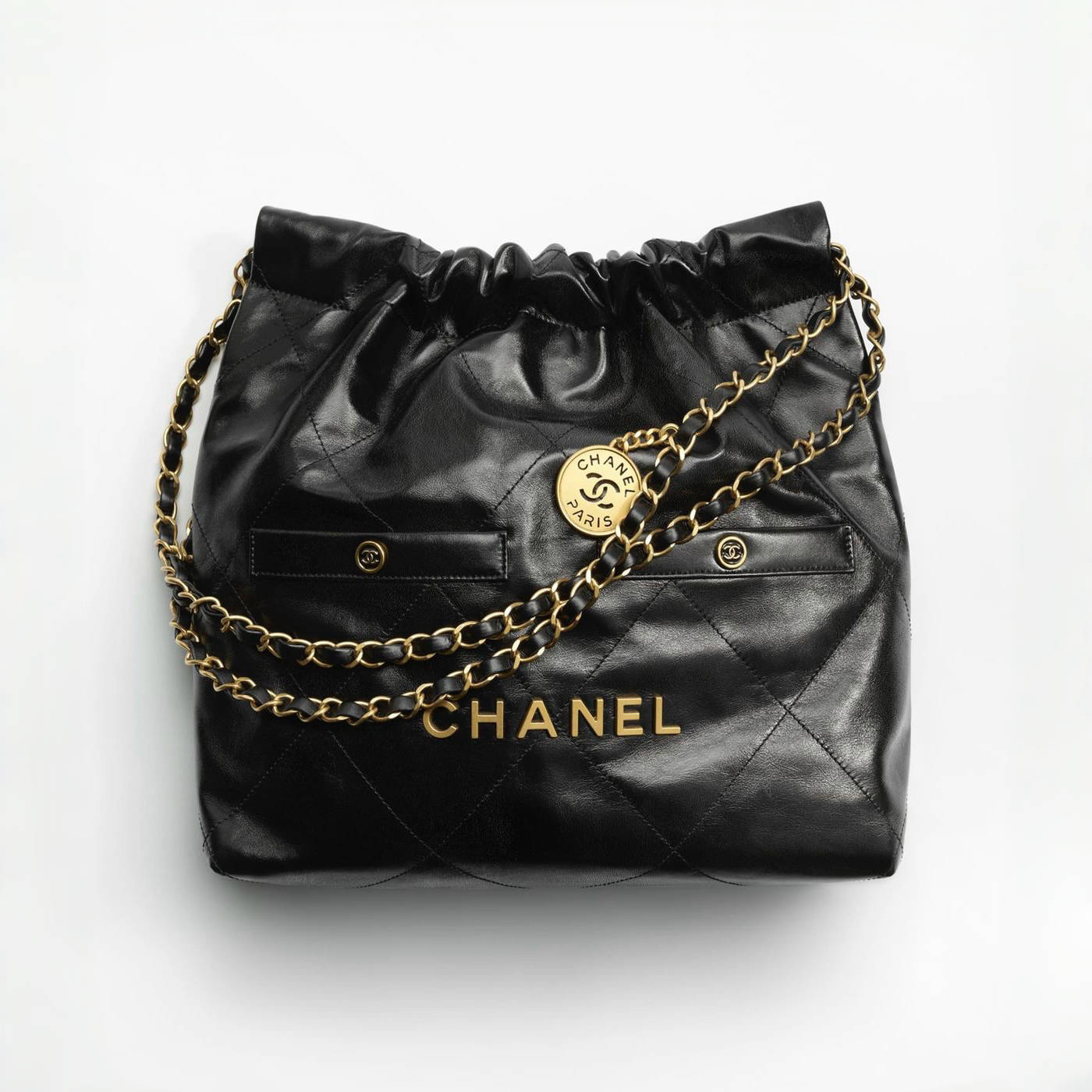 NIGO Chanel Men's And Women's Black Logo Drawstring Closure Chain Shoulder Strap Glossy Calfskin Shoulder Crossbody Bag Bags #nigo72738