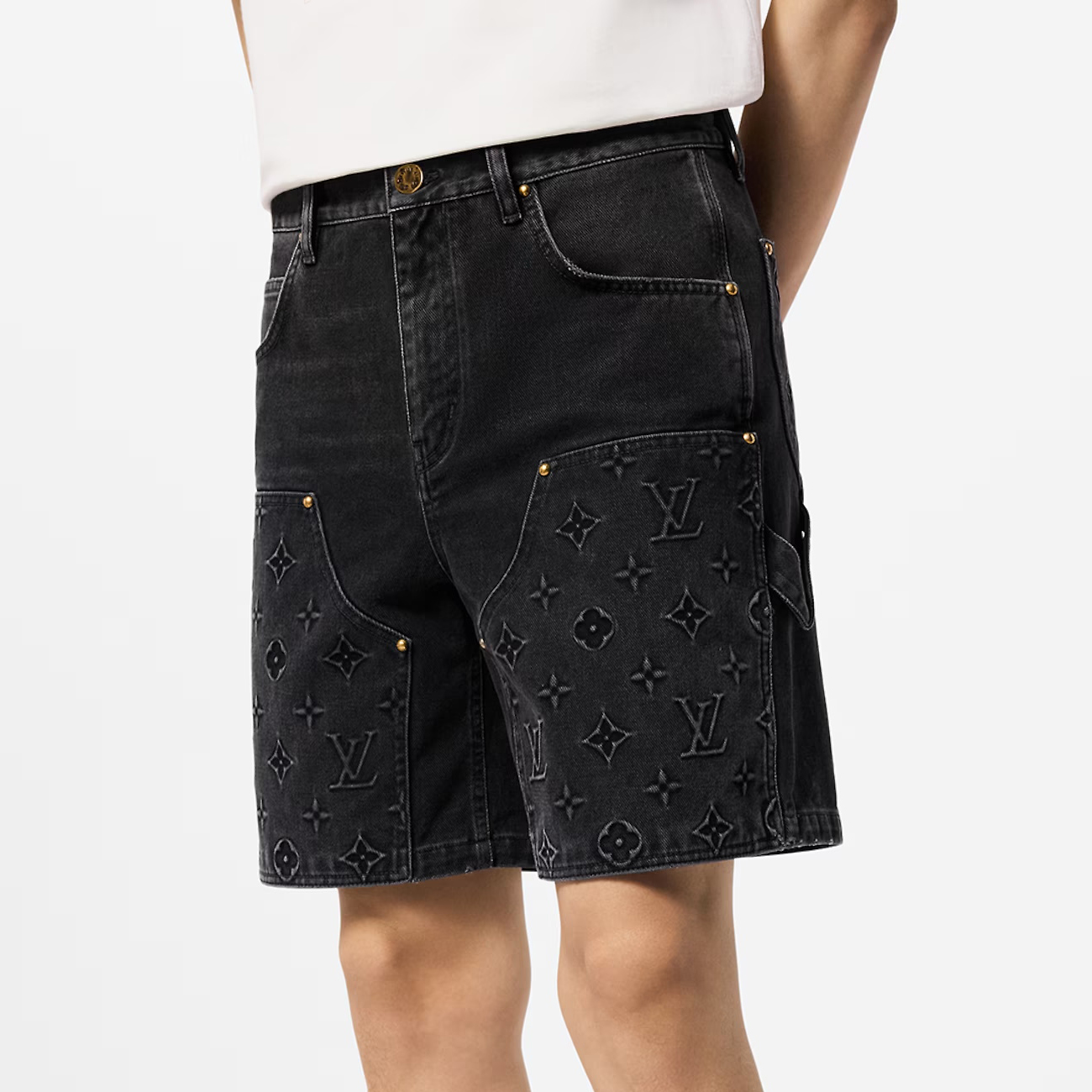 NIGO Louis Vuitton Men's Summer Black Letter Print Logo Pattern Zipper Pocket Denim Shorts Pants #nigo72732